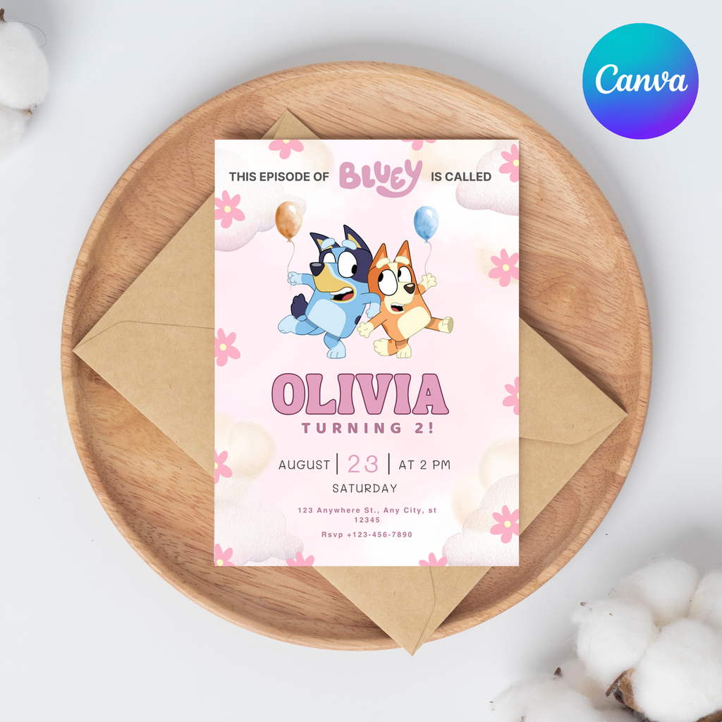 Pink Bluey Birthday Invitation –  Editable Digital Template | Boy and Girl Invitation | Instant Download