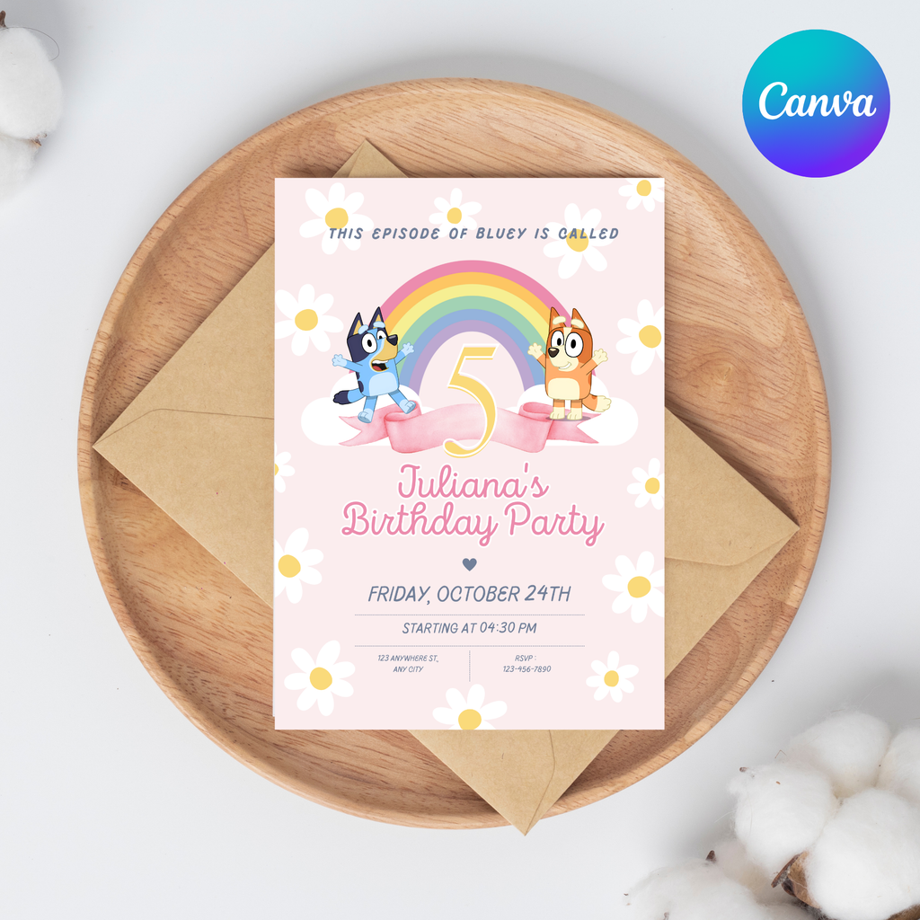 Pink Bluey Birthday Invitation | Digital Bday Party Invite Blue Dog Boys Girls Instant Download Template