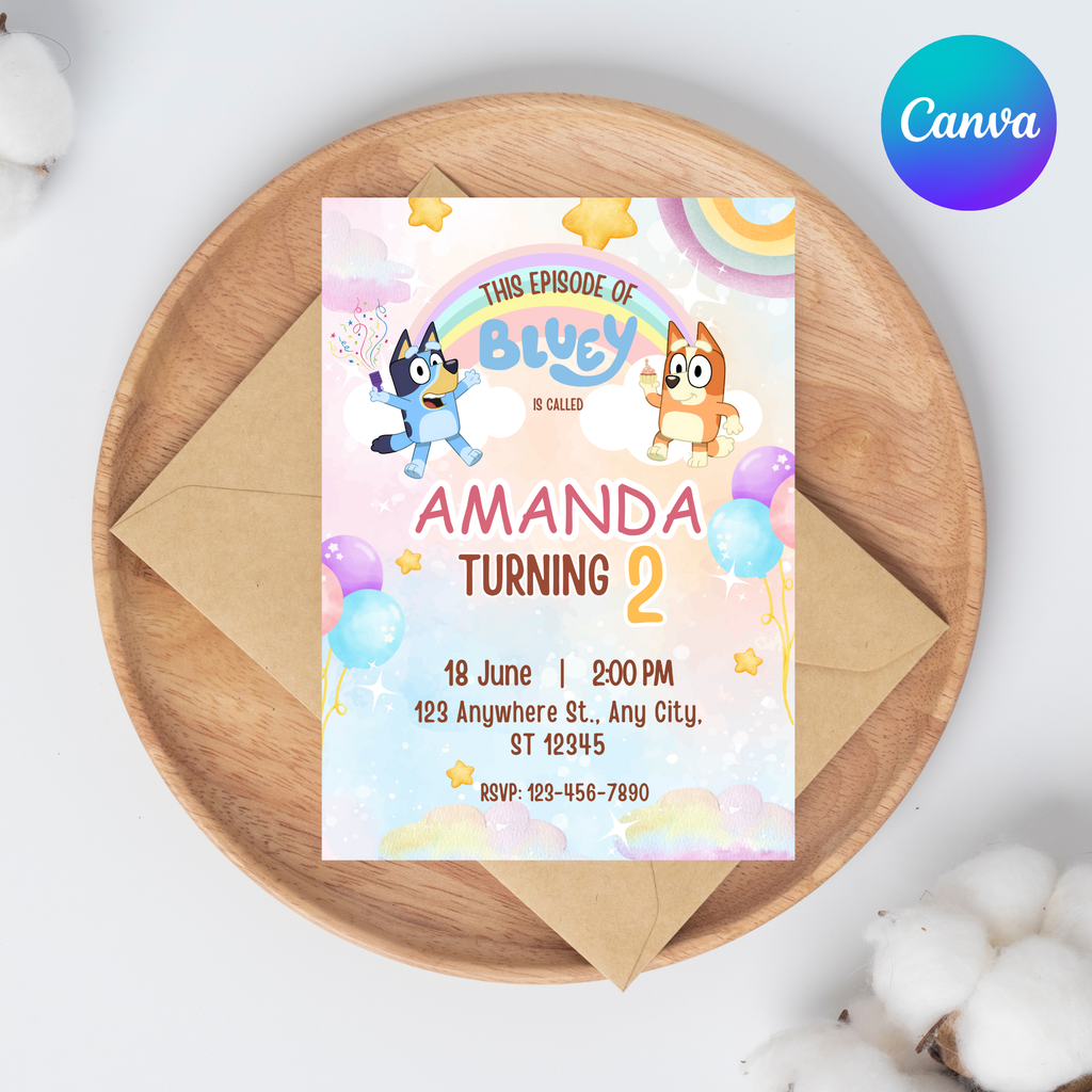 Editable Bluey Invitation | Blue Dog Birthday Invite | Kids Birthday Party Invitation | Editable 5x7" Canva