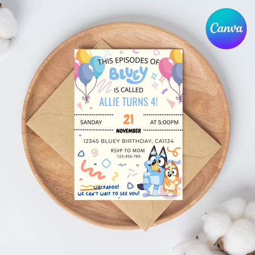 Blue Dog Party Invitation | Bluey Birthday Invitation Template | Instant Download |  5x7”