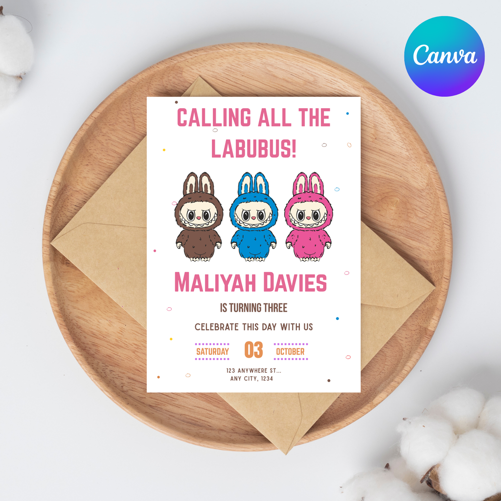 Cute Labubu Editable Birthday Invitation | Labubu Birthday Digital Download | Editable Invitation, Birthday Invite