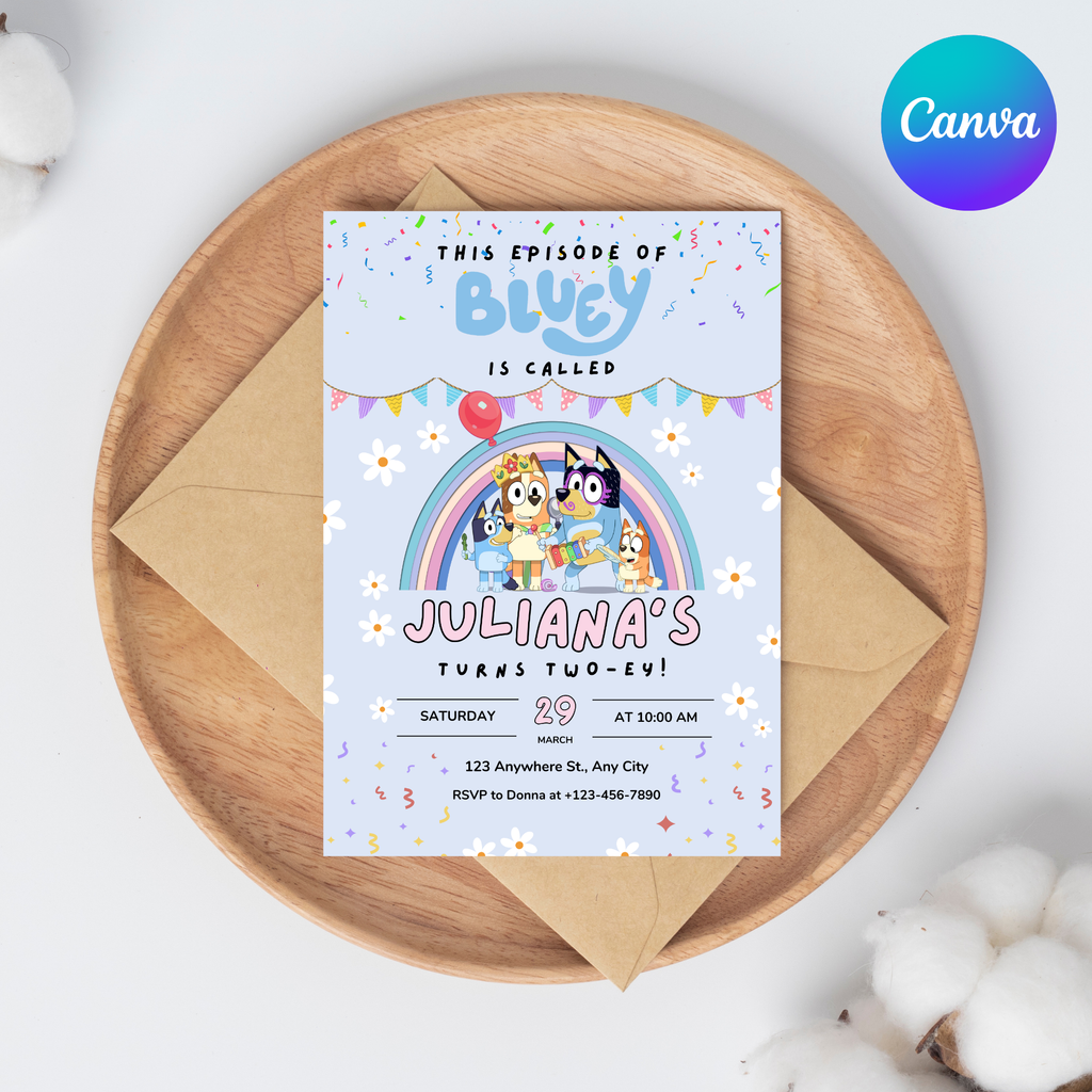 Bluey Birthday Invitation – Blue Editable Digital Template | 5x7” | Party Invite | Instant Download