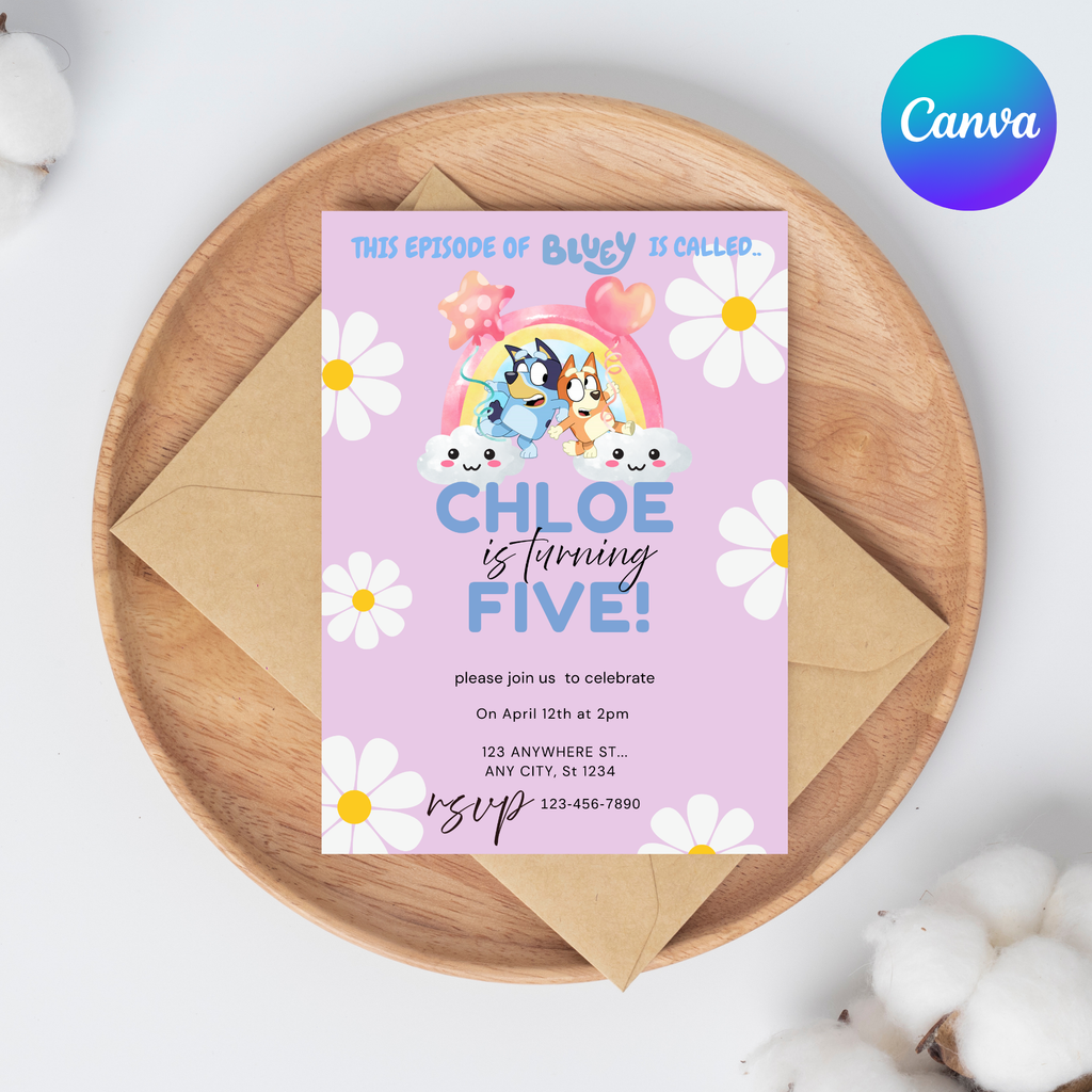 Purple Bluey Birthday Invitation | Editable Digital Template | 5x7” | Party Invite | Instant Download