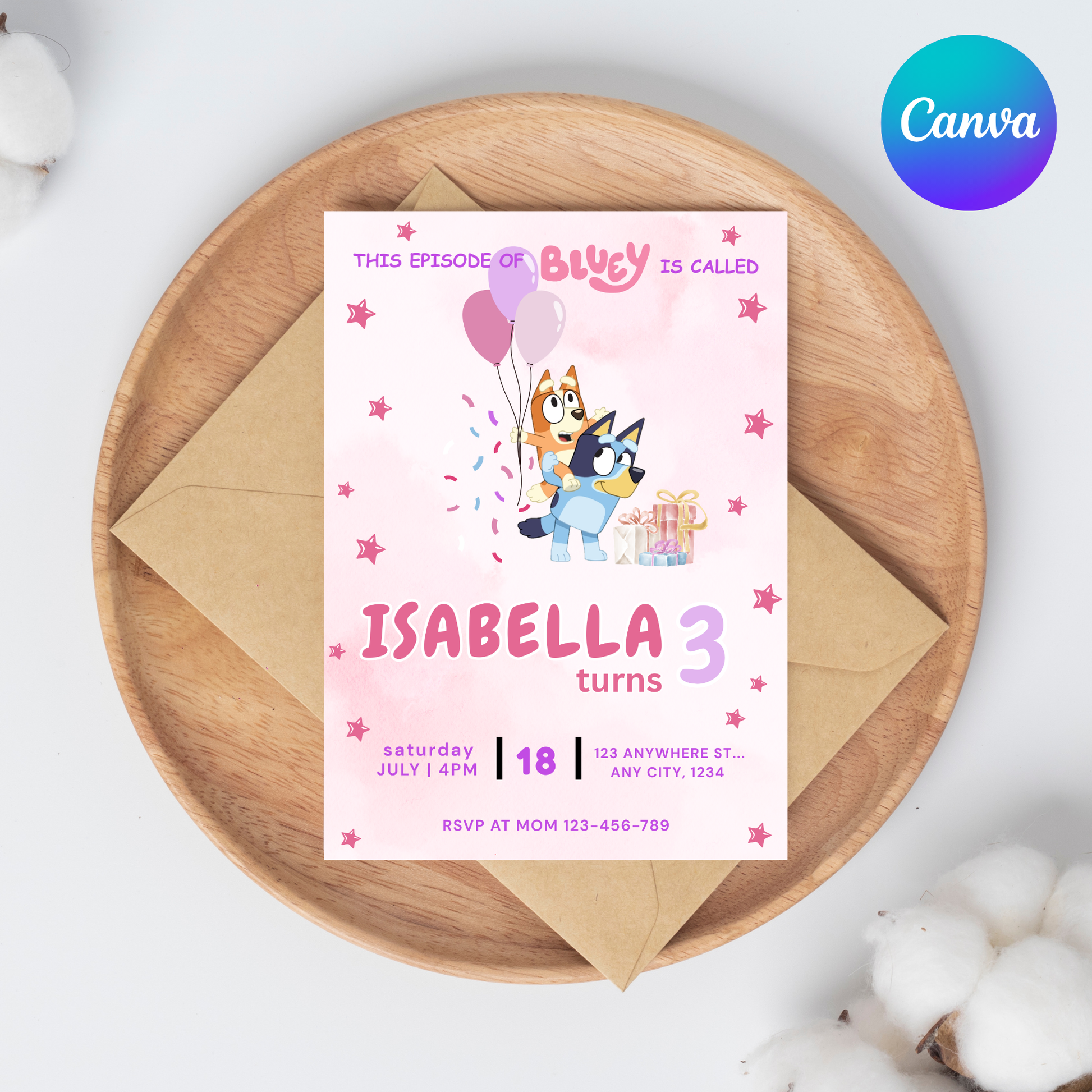 Pink Blue Dog Editable Birthday Invitation | Bluey Girl’s Invite |  5"x7" | Instant Download