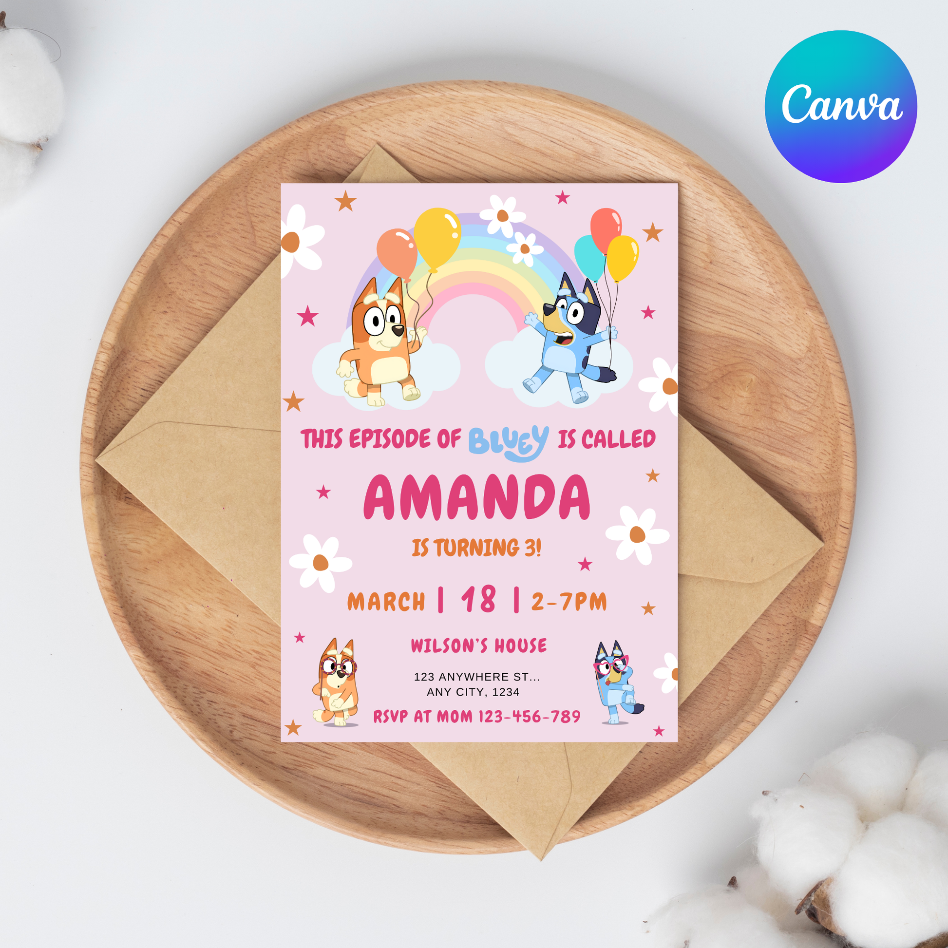 Bluey Birthday Invitation |Rainbow, Daisy Editable Digital Template | 5x7” | Party Invite