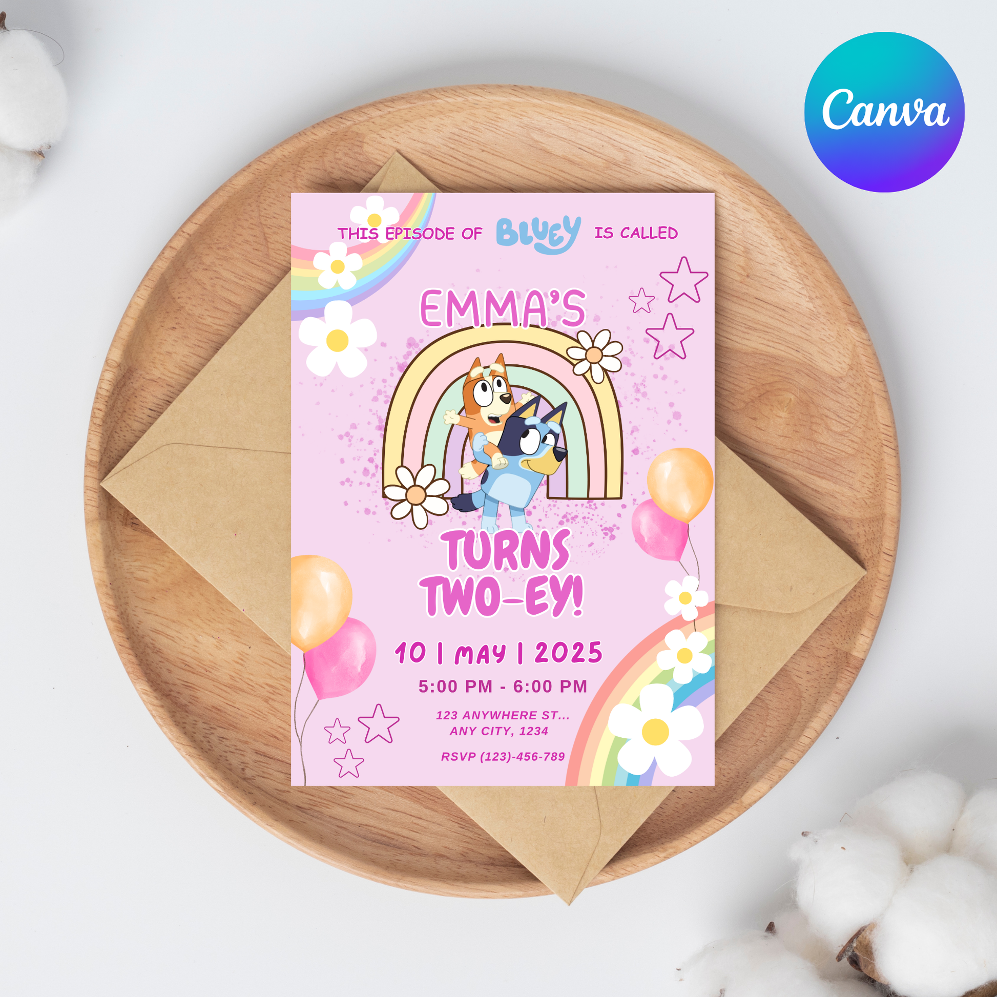 Pink Rainbow Bluey Birthday Invitation | Editable Digital Template | 5x7” | Party Invite | Instant Download