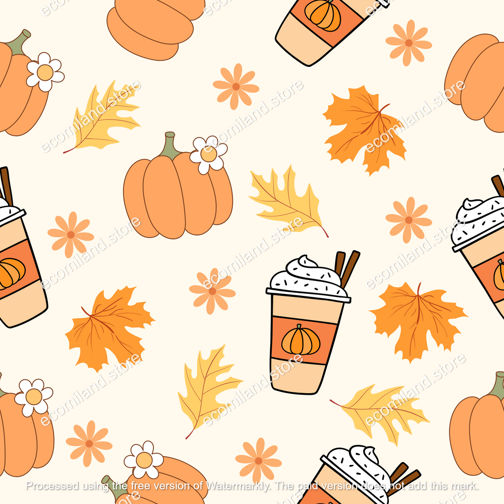 Coffee Pumpkins Hearts & Leaves in Fall Seamless Repeat Pattern