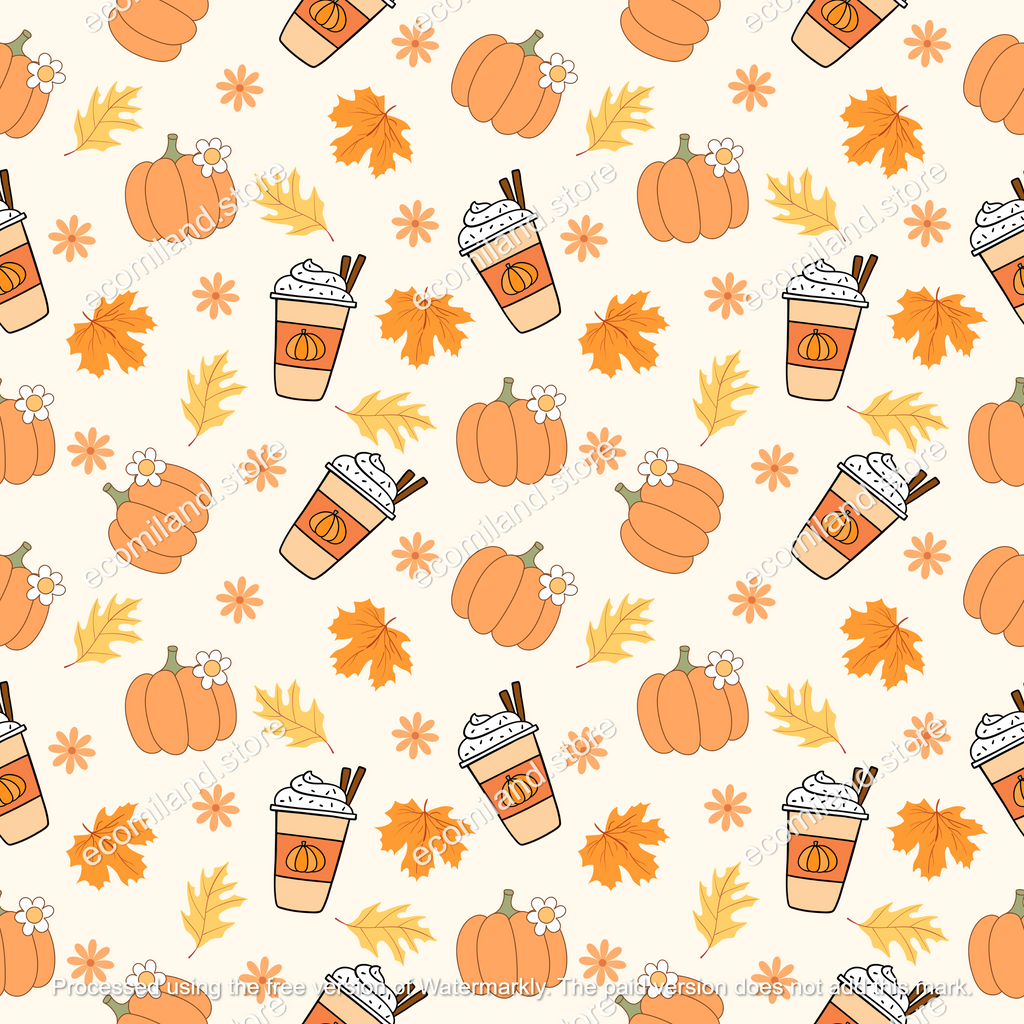 Coffee Pumpkins Hearts & Leaves in Fall Seamless Repeat Pattern