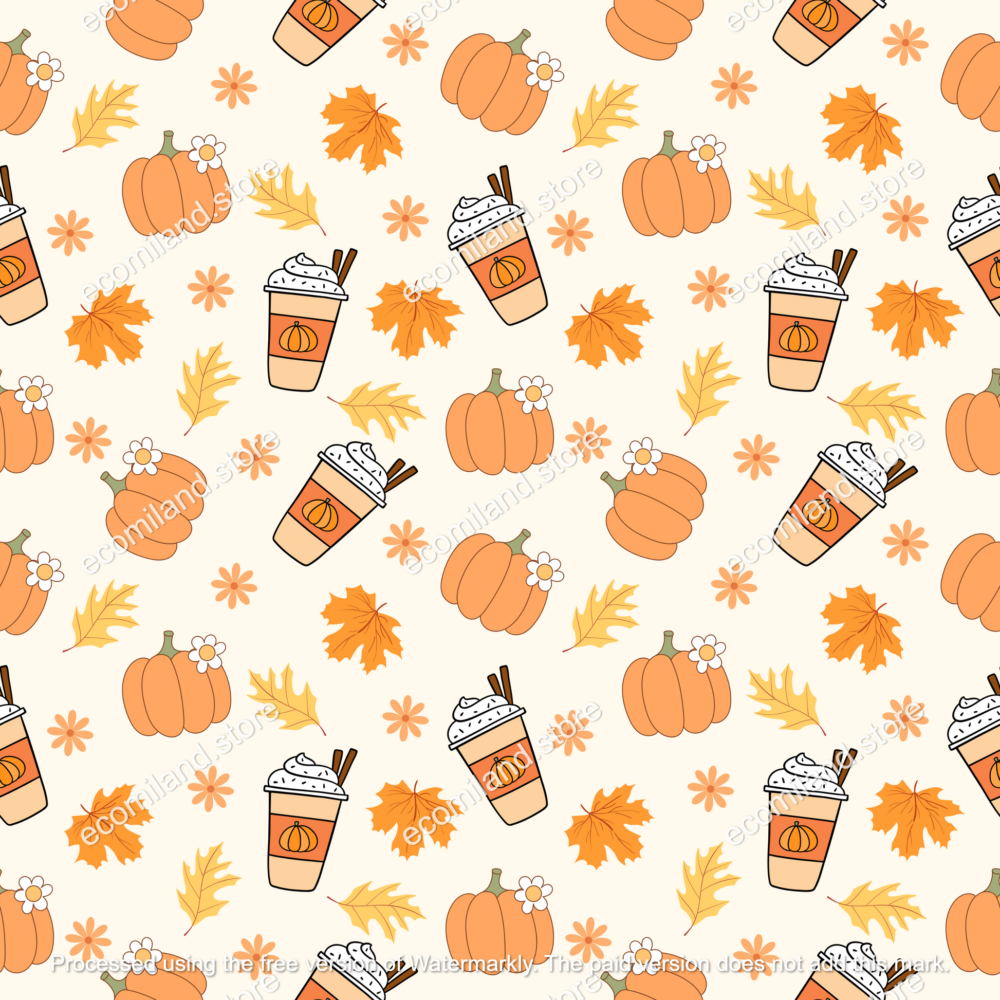 Coffee Pumpkins Hearts & Leaves in Fall Seamless Repeat Pattern