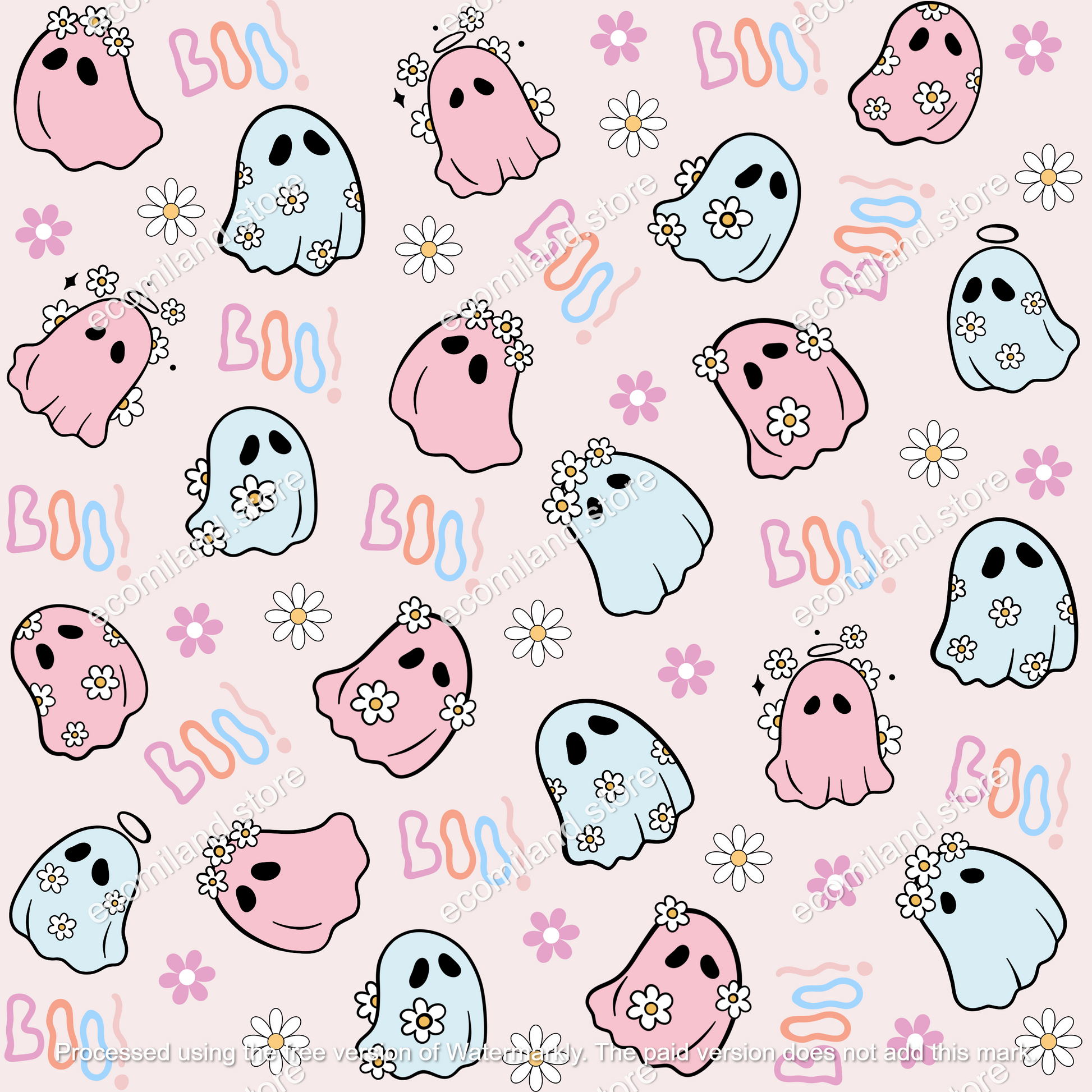 Pink Boo Seamless File | Cute Ghosts floral Halloween Digital Paper