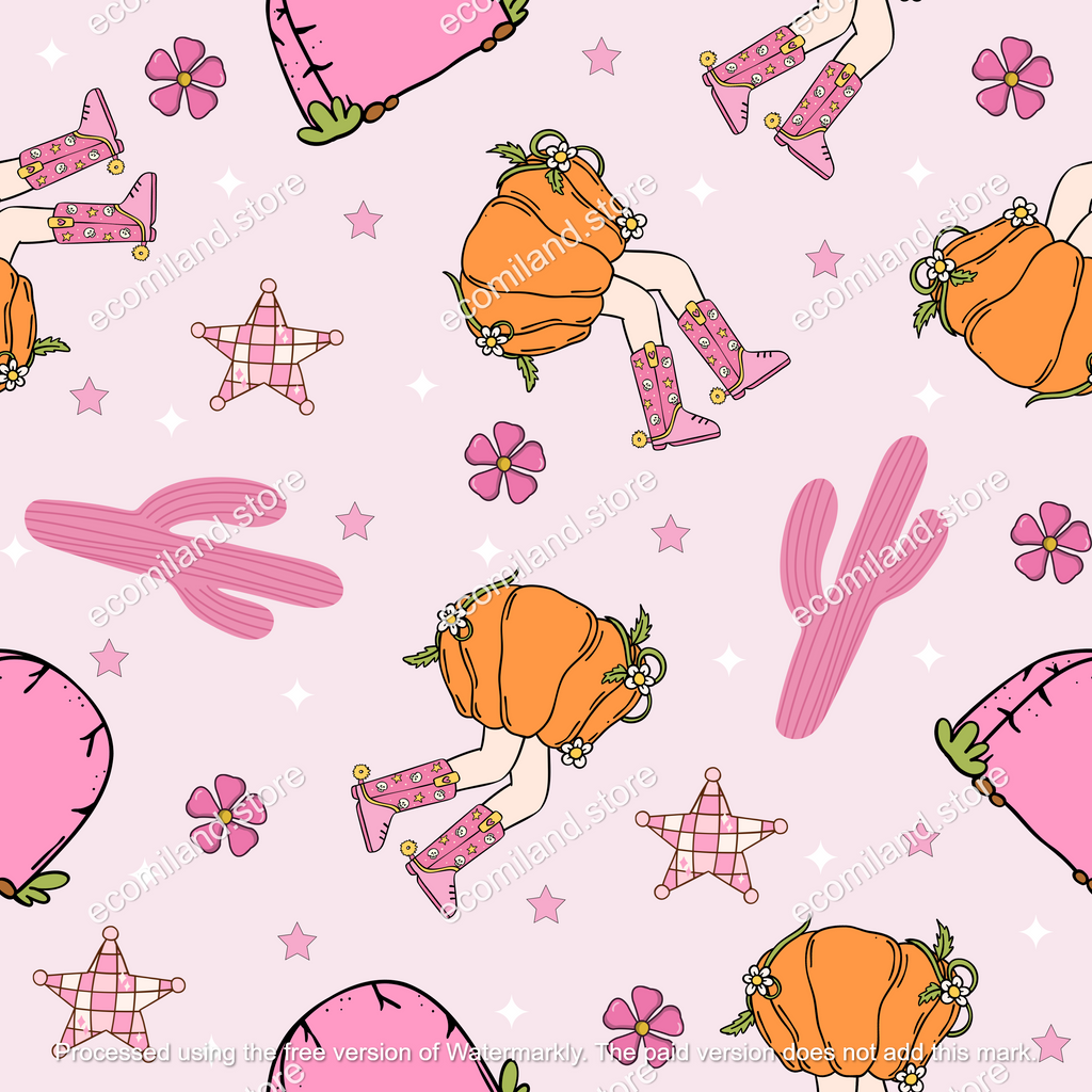 Cute Pink Pumpkin Cowgirl Seamless Pattern | Western Digital Paper