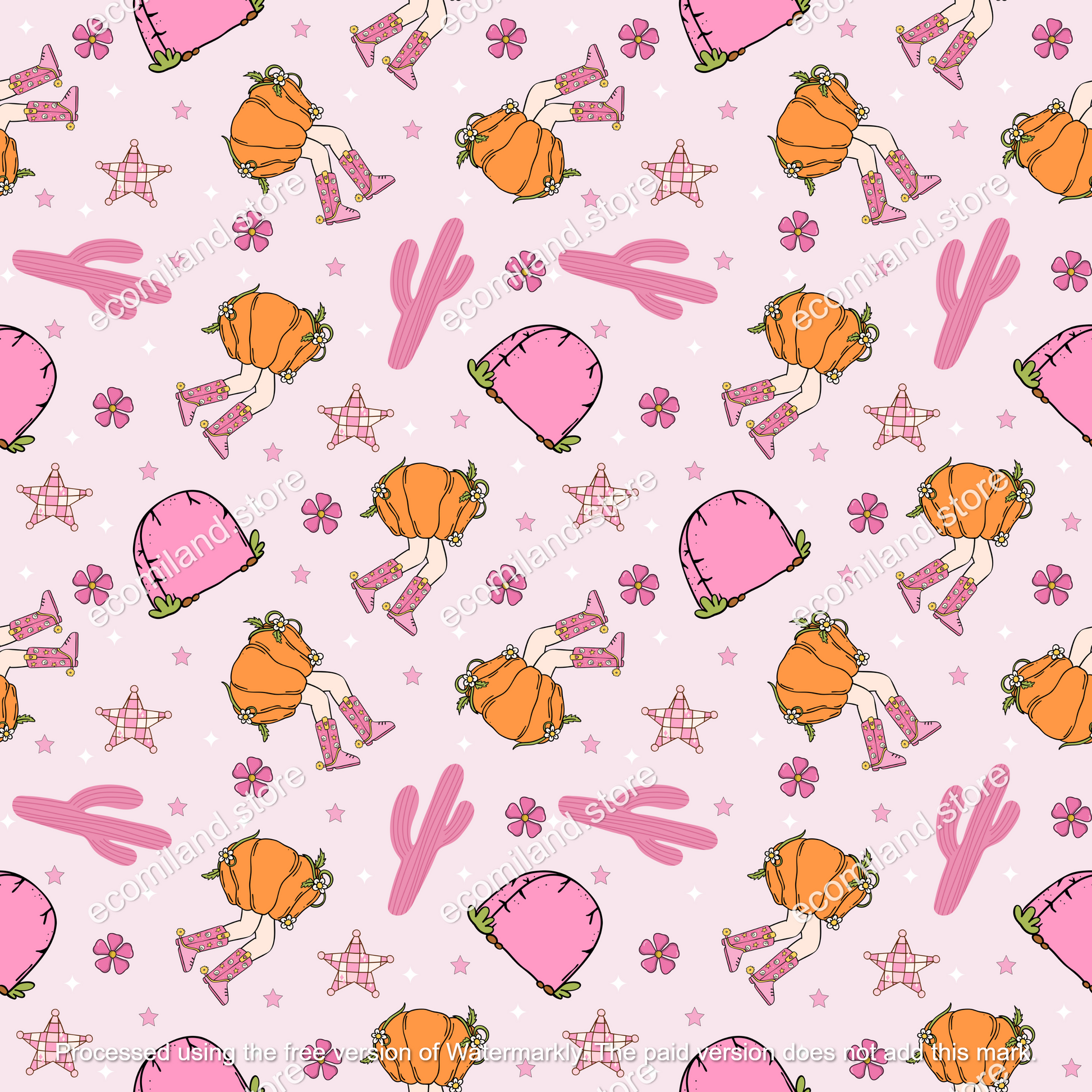 Cute Pink Pumpkin Cowgirl Seamless Pattern | Western Digital Paper