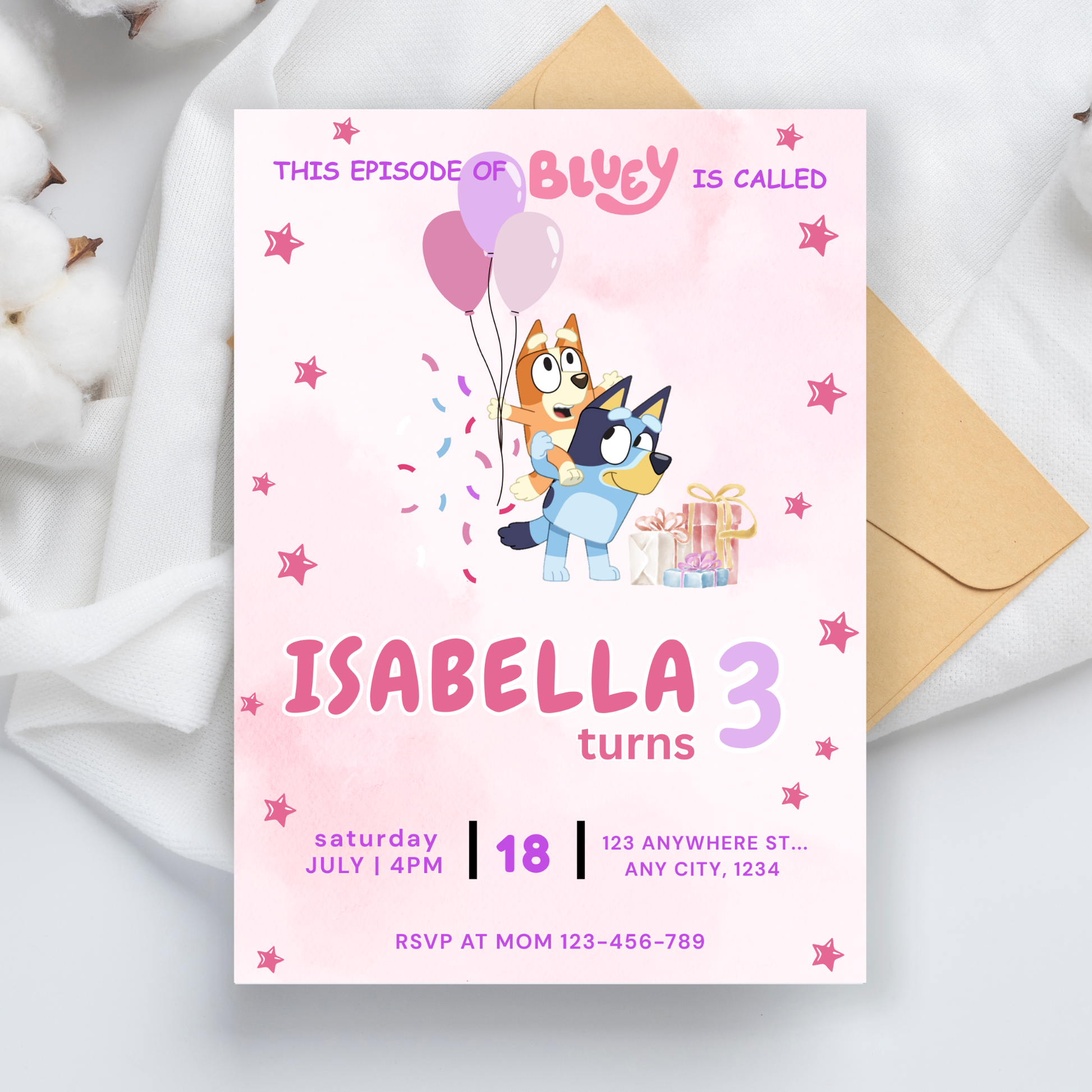 Pink Blue Dog Editable Birthday Invitation | Bluey Girl’s Invite |  5"x7" | Instant Download
