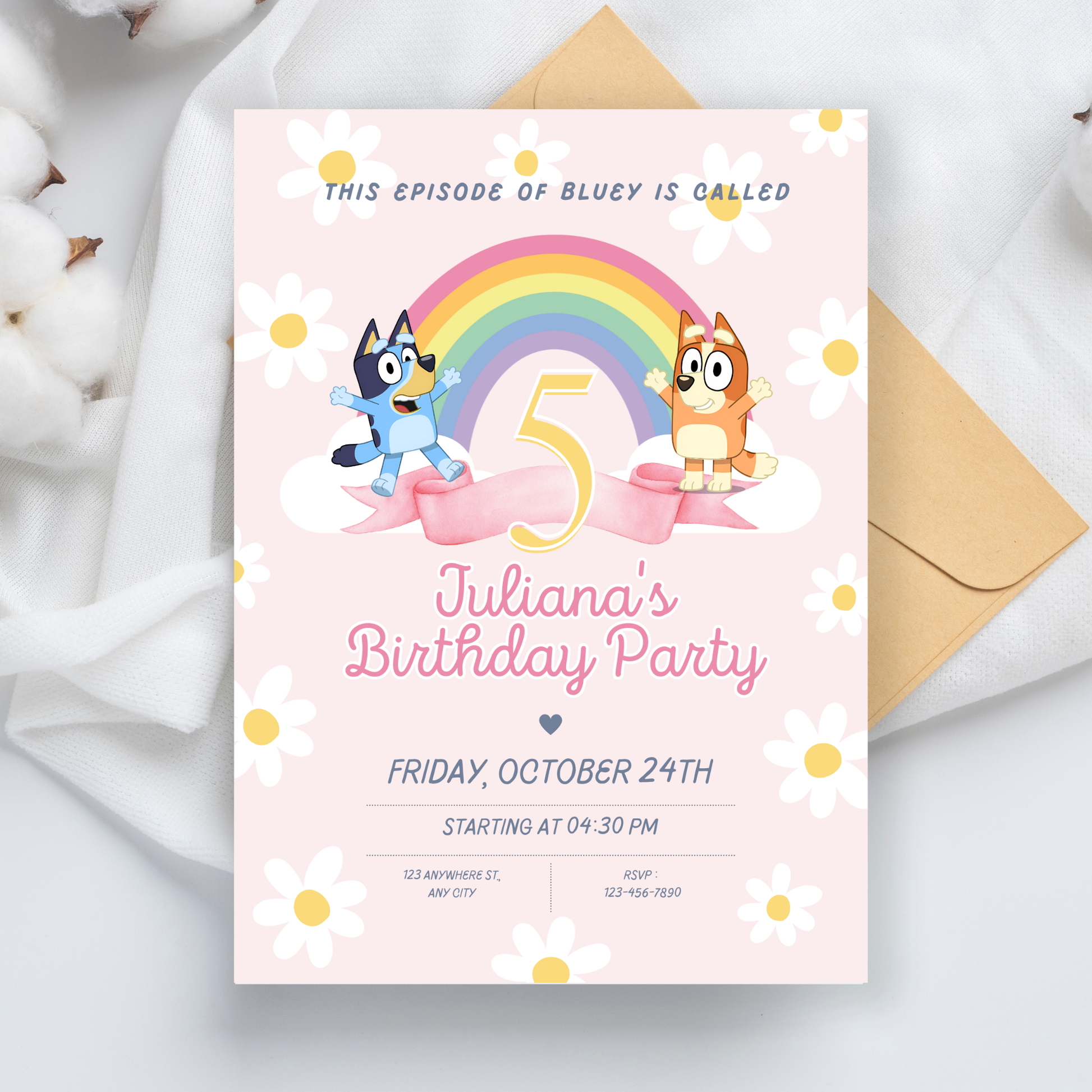 Pink Bluey Birthday Invitation | Digital Bday Party Invite Blue Dog Boys Girls Instant Download Template