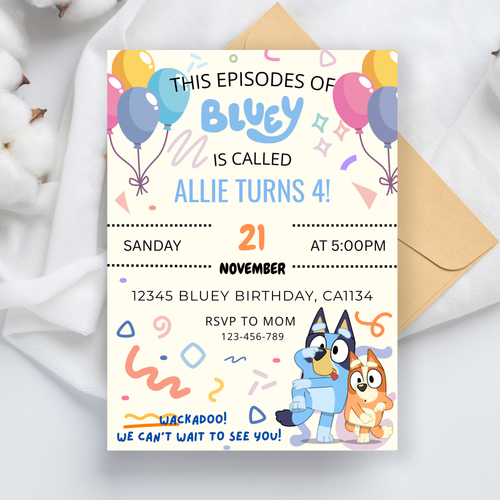 Blue Dog Party Invitation | Bluey Birthday Invitation Template | Instant Download |  5x7”