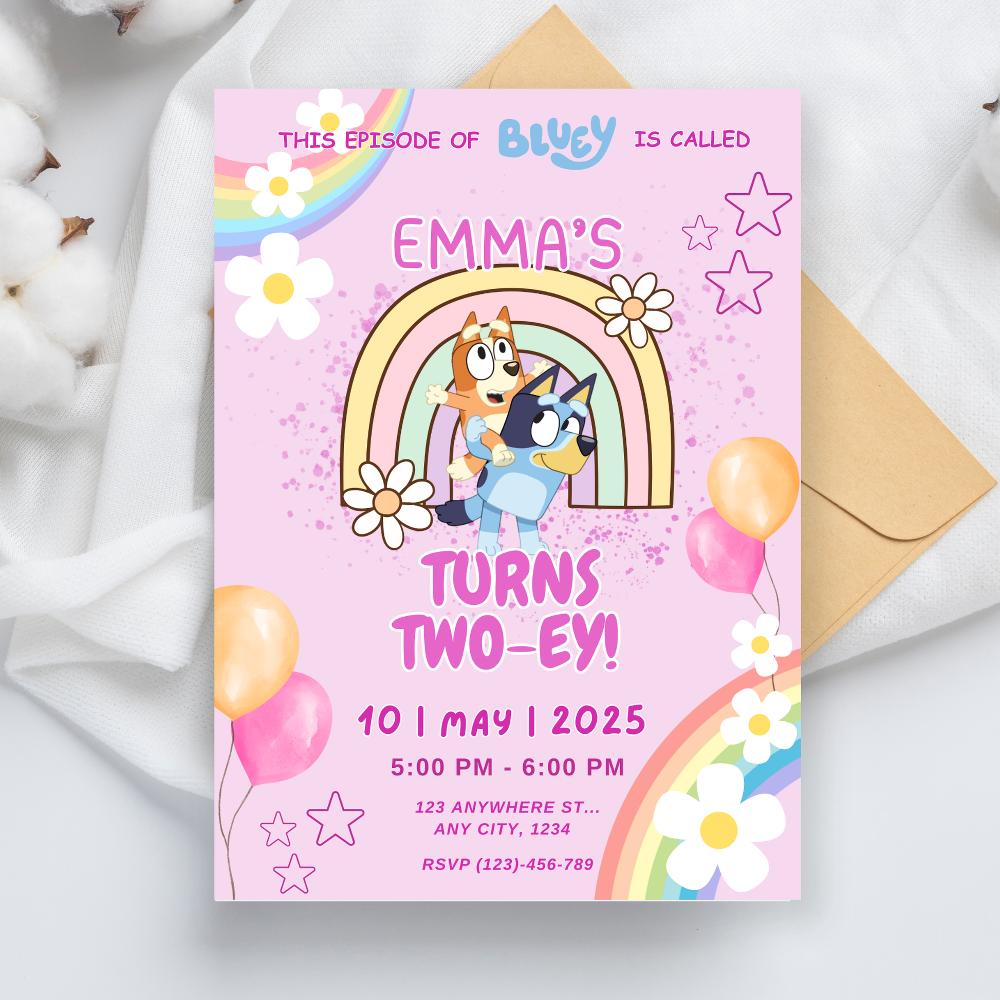 Pink Rainbow Bluey Birthday Invitation | Editable Digital Template | 5x7” | Party Invite | Instant Download
