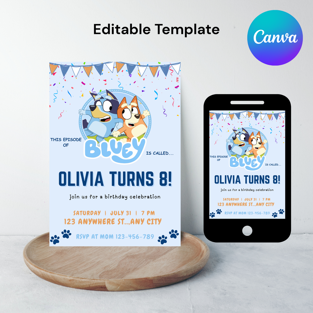 Bluey Editable Birthday Invitation | Blue Dog Party Invitation |  5x7” |  Instant Download