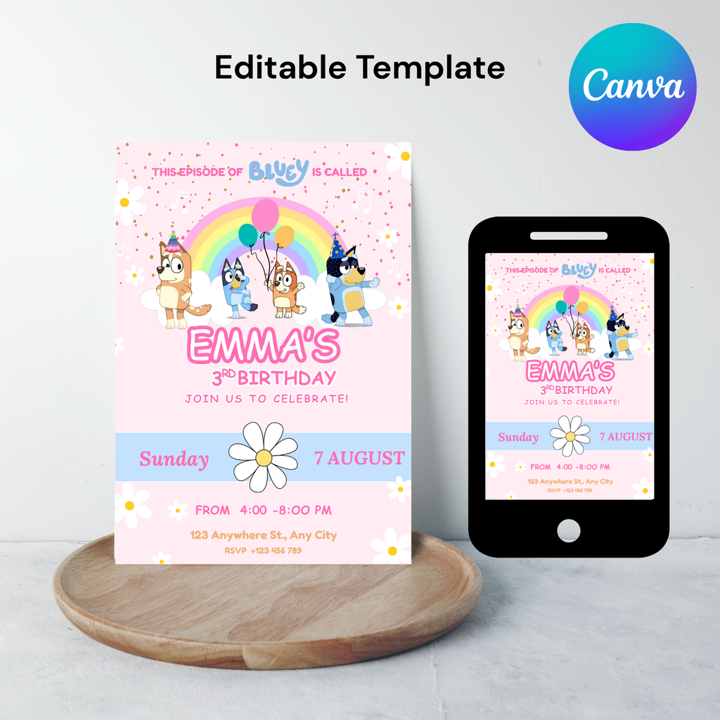Blue Dog Birthday Invite | Bluey Puppies Daisy Party  | Instant Digitally Download
