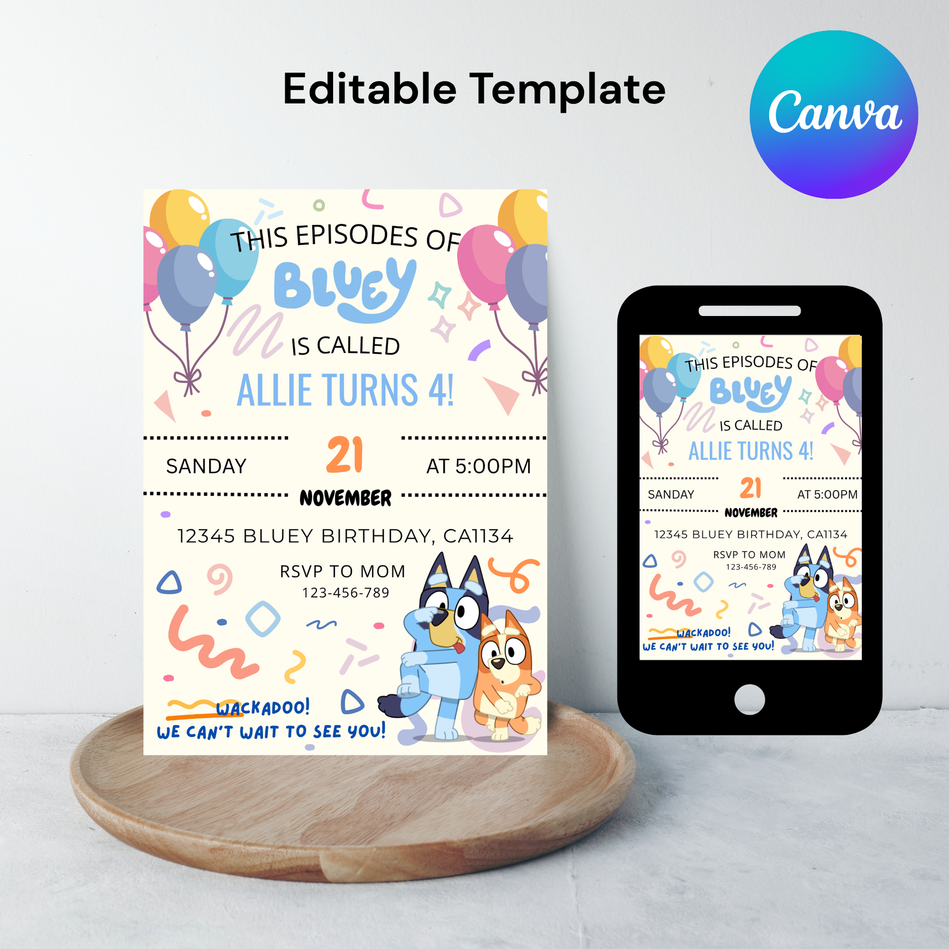 Blue Dog Party Invitation | Bluey Birthday Invitation Template | Instant Download |  5x7”