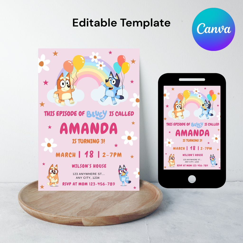 Bluey Birthday Invitation |Rainbow, Daisy Editable Digital Template | 5x7” | Party Invite