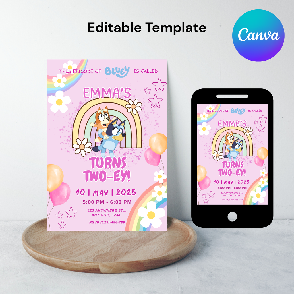 Pink Rainbow Bluey Birthday Invitation | Editable Digital Template | 5x7” | Party Invite | Instant Download