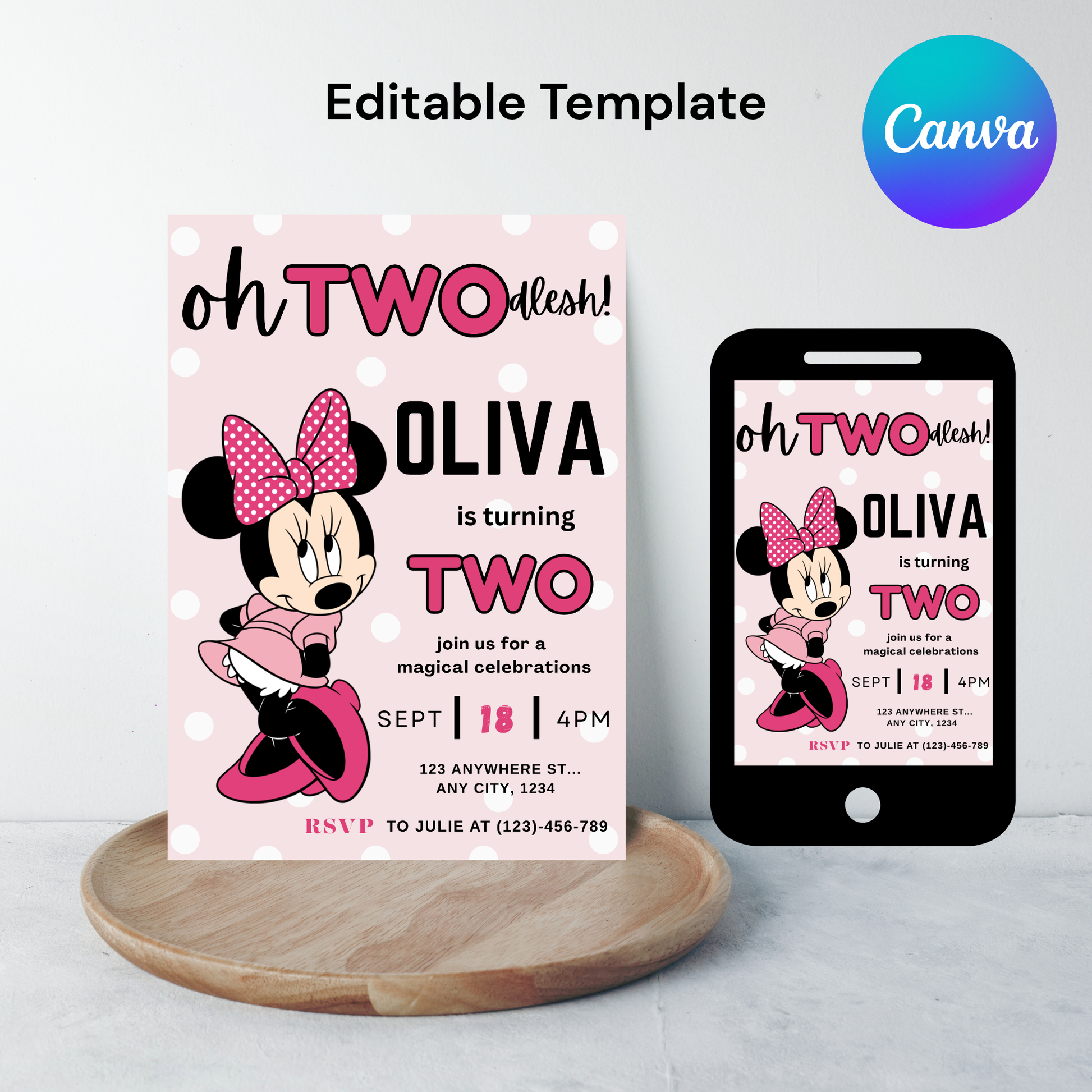 Editable Pink Minnie Mouse Birthday Invitation | Girls Birthday Invitation, Printable Invitation | Instant Download