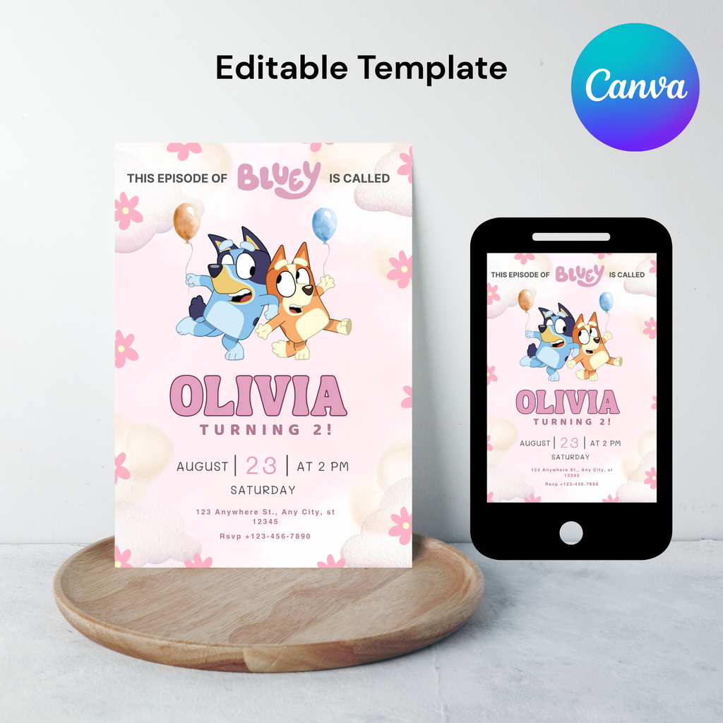 Pink Bluey Birthday Invitation –  Editable Digital Template | Boy and Girl Invitation | Instant Download