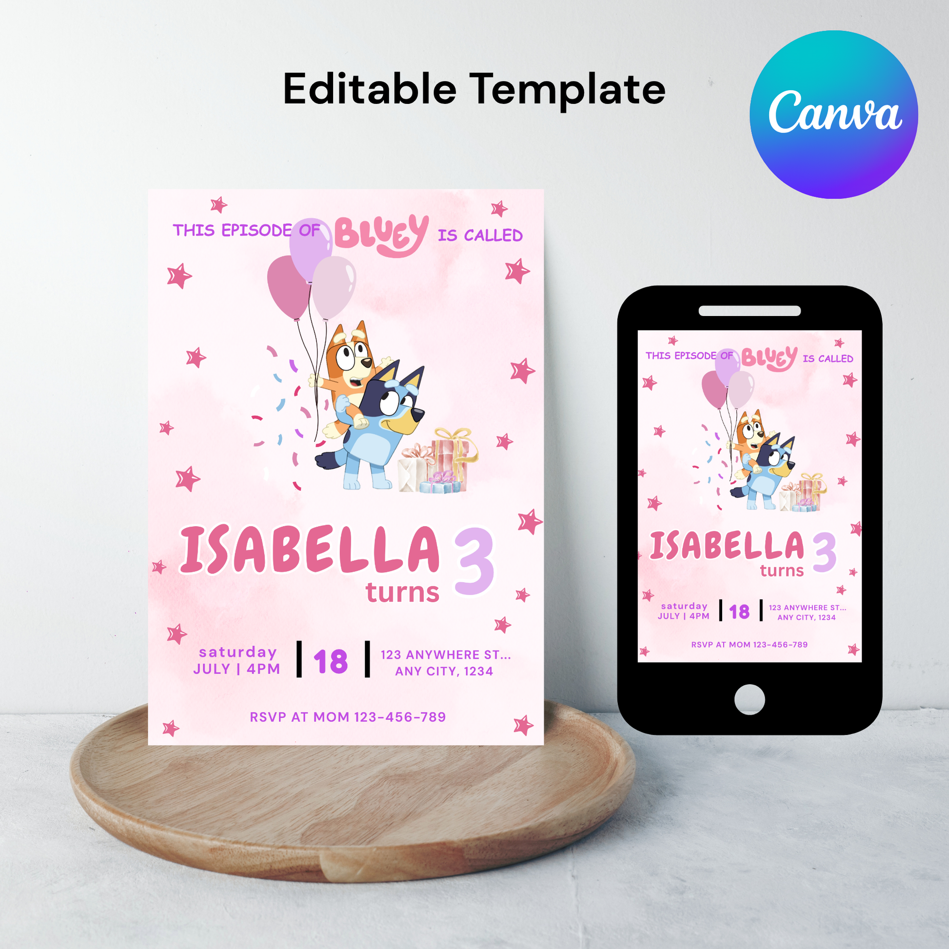 Pink Blue Dog Editable Birthday Invitation | Bluey Girl’s Invite |  5"x7" | Instant Download