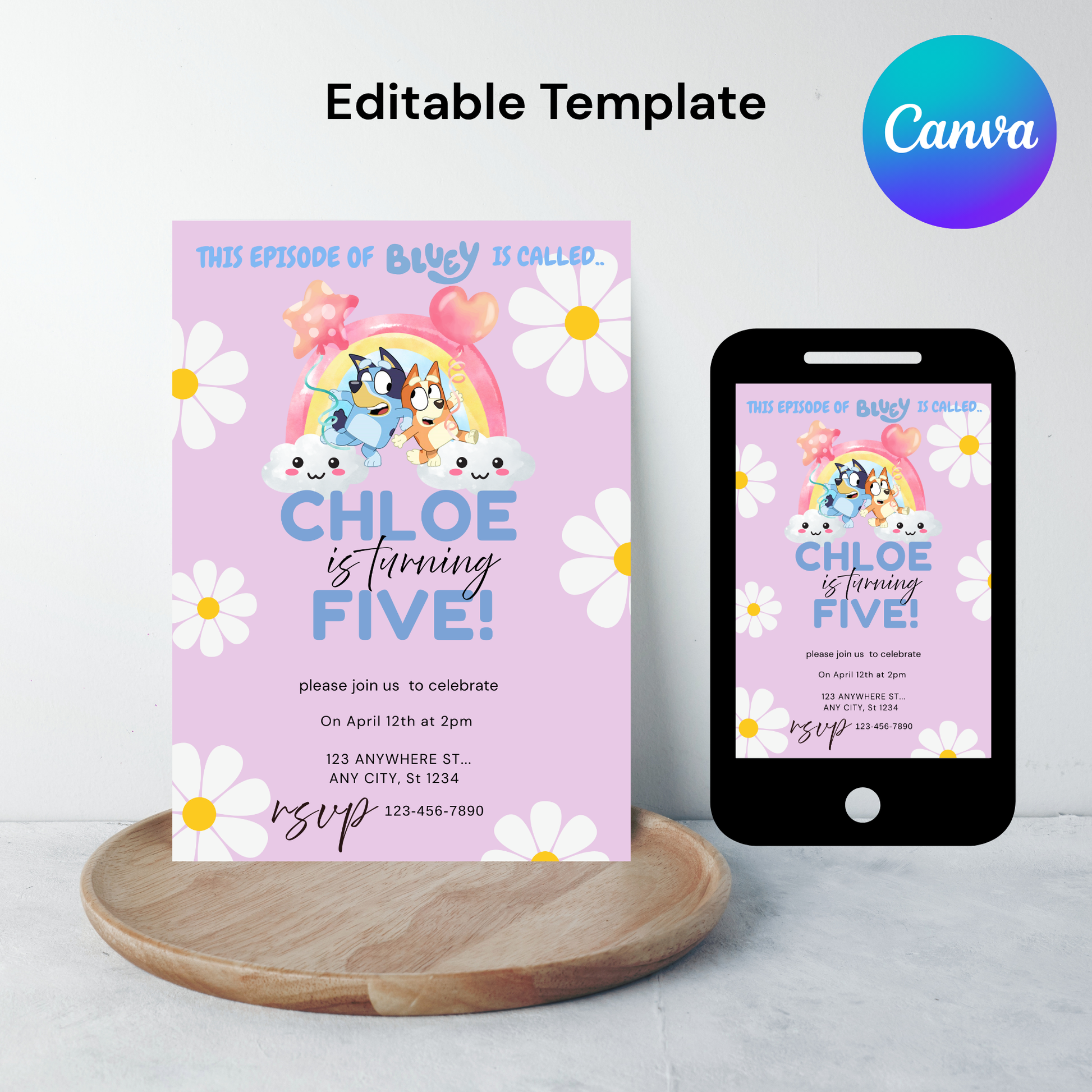 Purple Bluey Birthday Invitation | Editable Digital Template | 5x7” | Party Invite | Instant Download