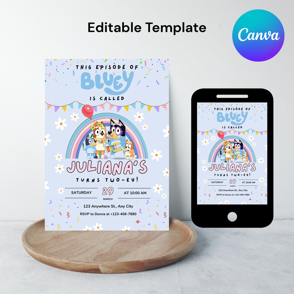 Bluey Birthday Invitation – Blue Editable Digital Template | 5x7” | Party Invite | Instant Download