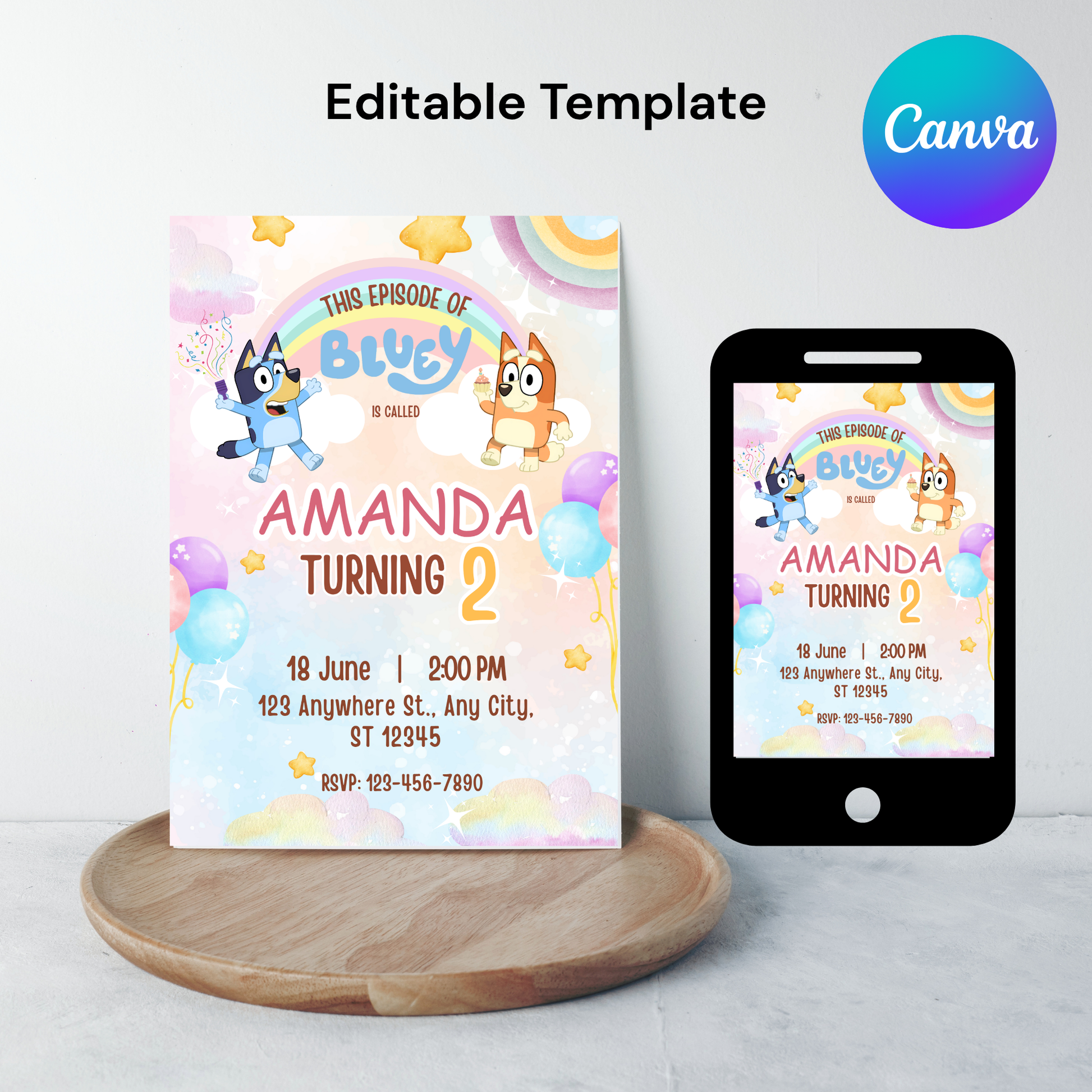 Editable Bluey Invitation | Blue Dog Birthday Invite | Kids Birthday Party Invitation | Editable 5x7" Canva