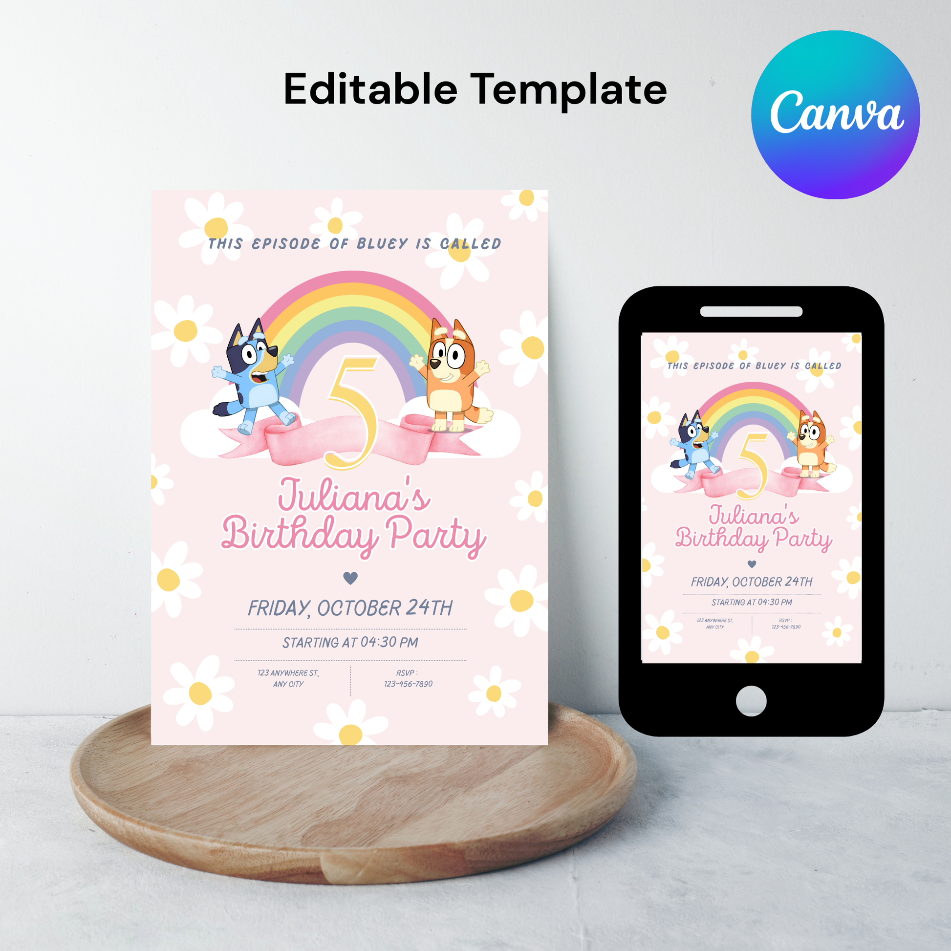 Pink Bluey Birthday Invitation | Digital Bday Party Invite Blue Dog Boys Girls Instant Download Template