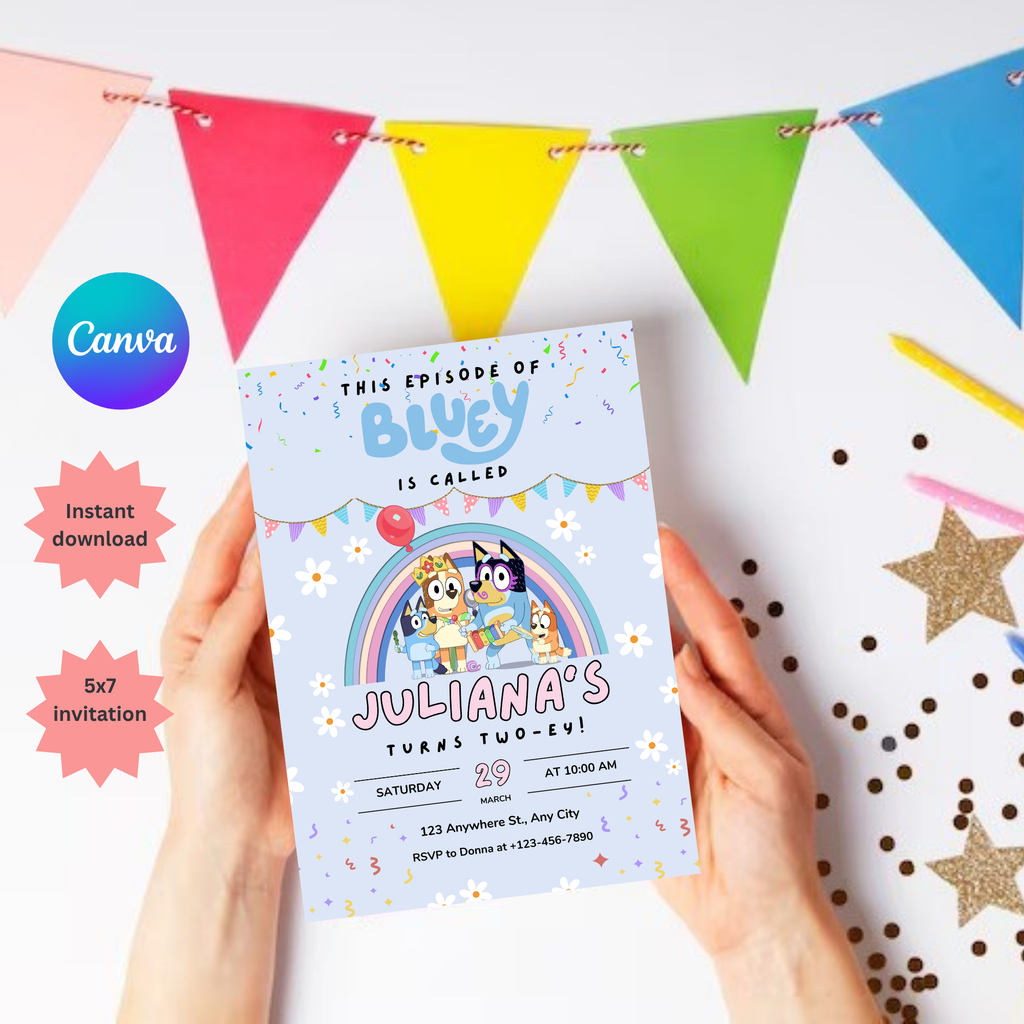 Bluey Birthday Invitation – Blue Editable Digital Template | 5x7” | Party Invite | Instant Download