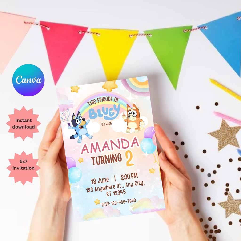 Editable Bluey Invitation | Blue Dog Birthday Invite | Kids Birthday Party Invitation | Editable 5x7" Canva