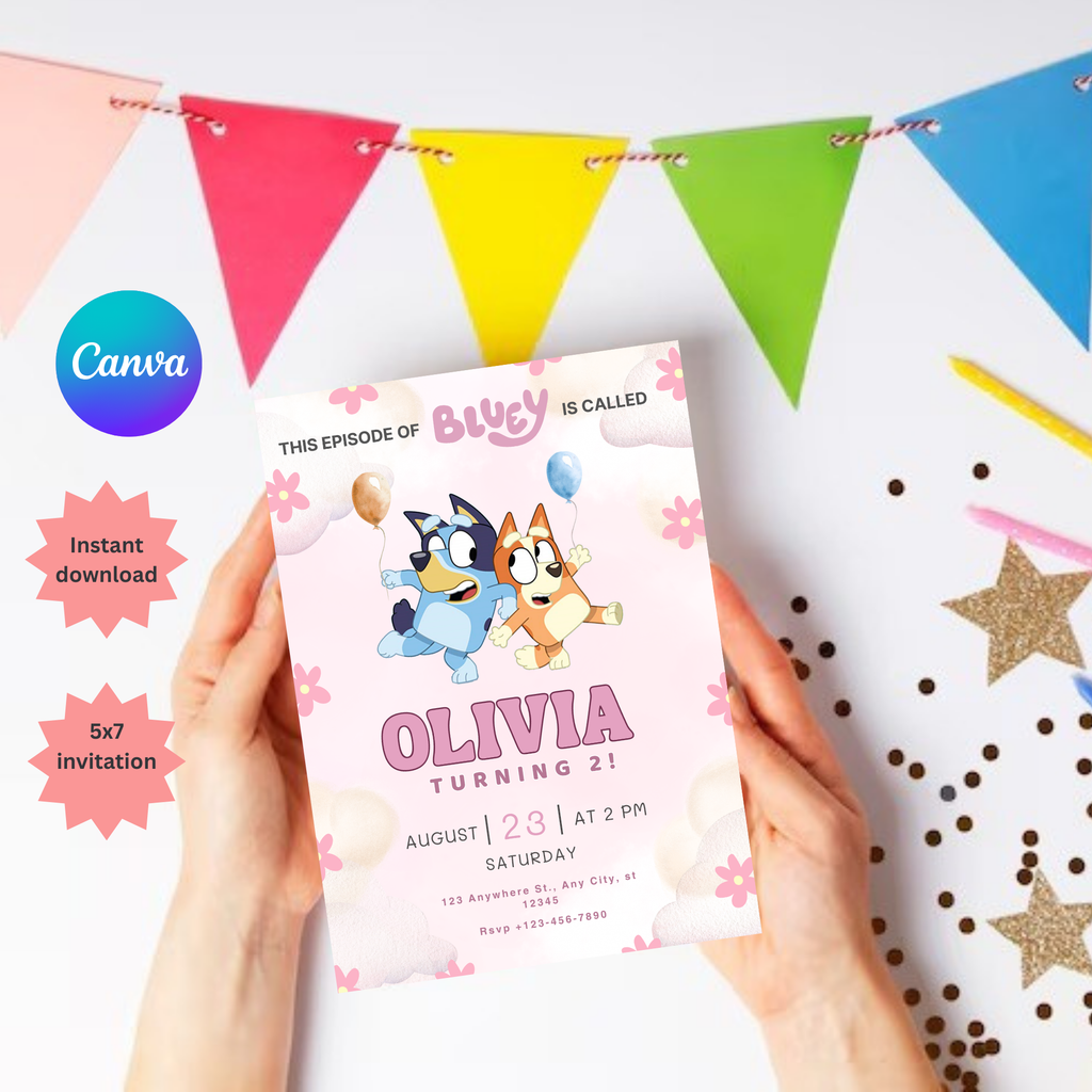 Pink Bluey Birthday Invitation –  Editable Digital Template | Boy and Girl Invitation | Instant Download