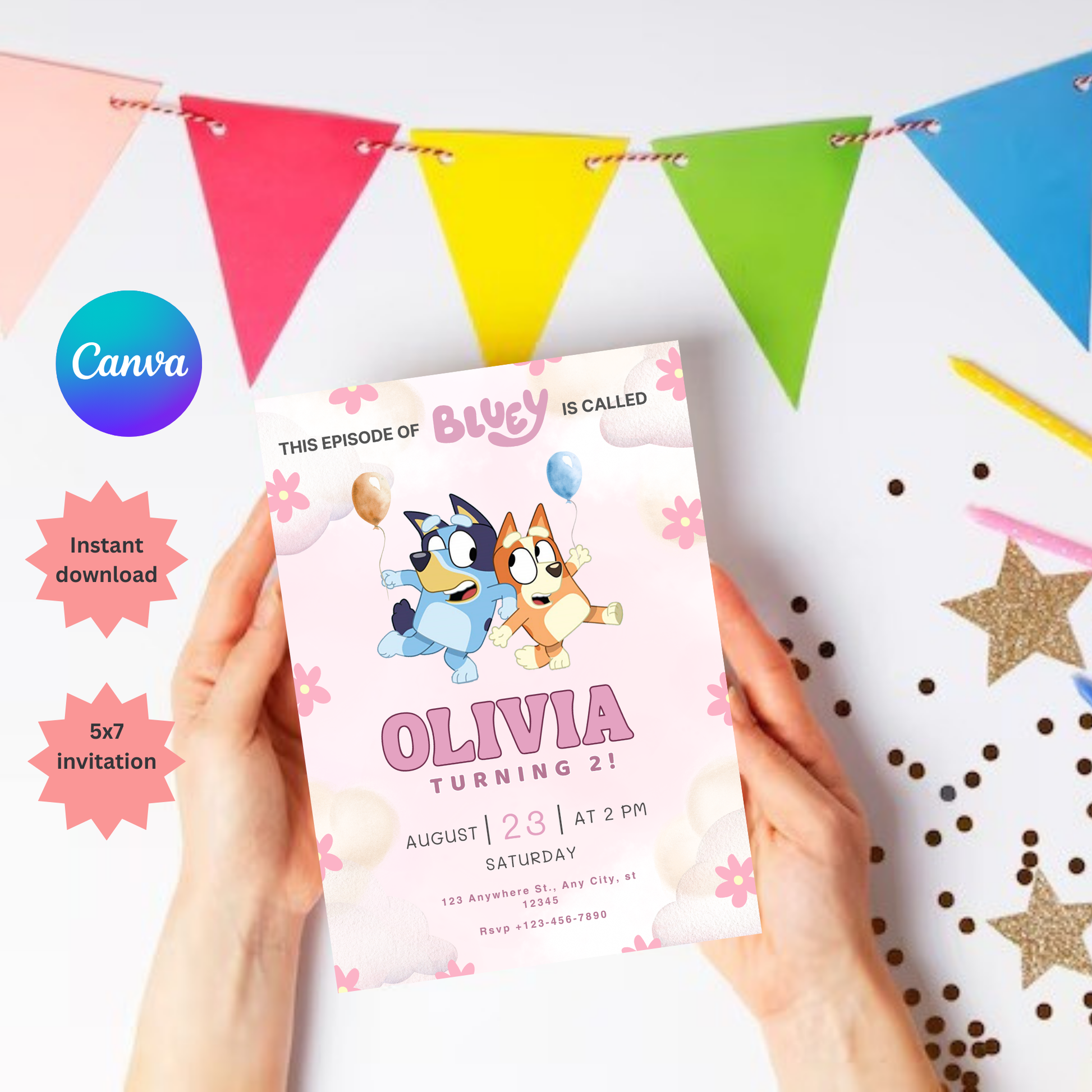 Pink Bluey Birthday Invitation –  Editable Digital Template | Boy and Girl Invitation | Instant Download