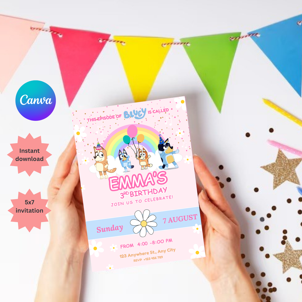 Blue Dog Birthday Invite | Bluey Puppies Daisy Party  | Instant Digitally Download