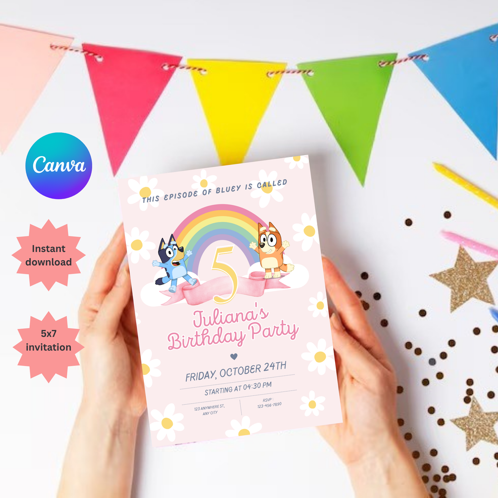 Pink Bluey Birthday Invitation | Digital Bday Party Invite Blue Dog Boys Girls Instant Download Template