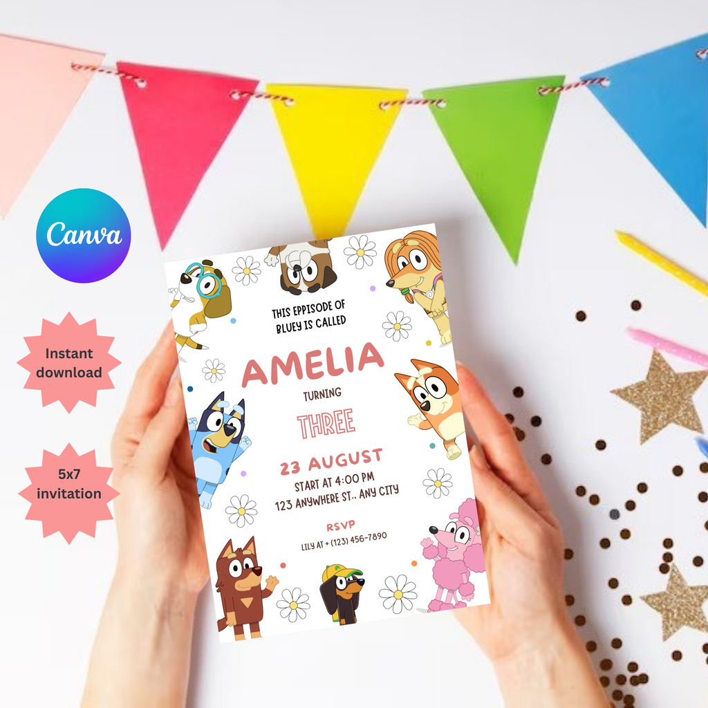 Kids Birthday Invitation Template | Editable Bluey Girls Boys Party Birthday Invitation | Digital Download