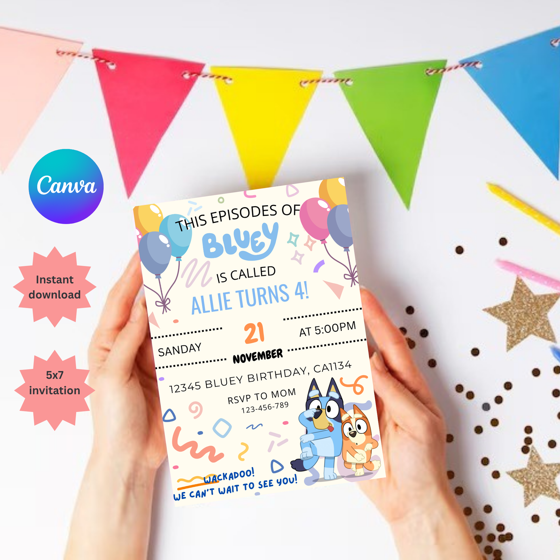 Blue Dog Party Invitation | Bluey Birthday Invitation Template | Instant Download |  5x7”