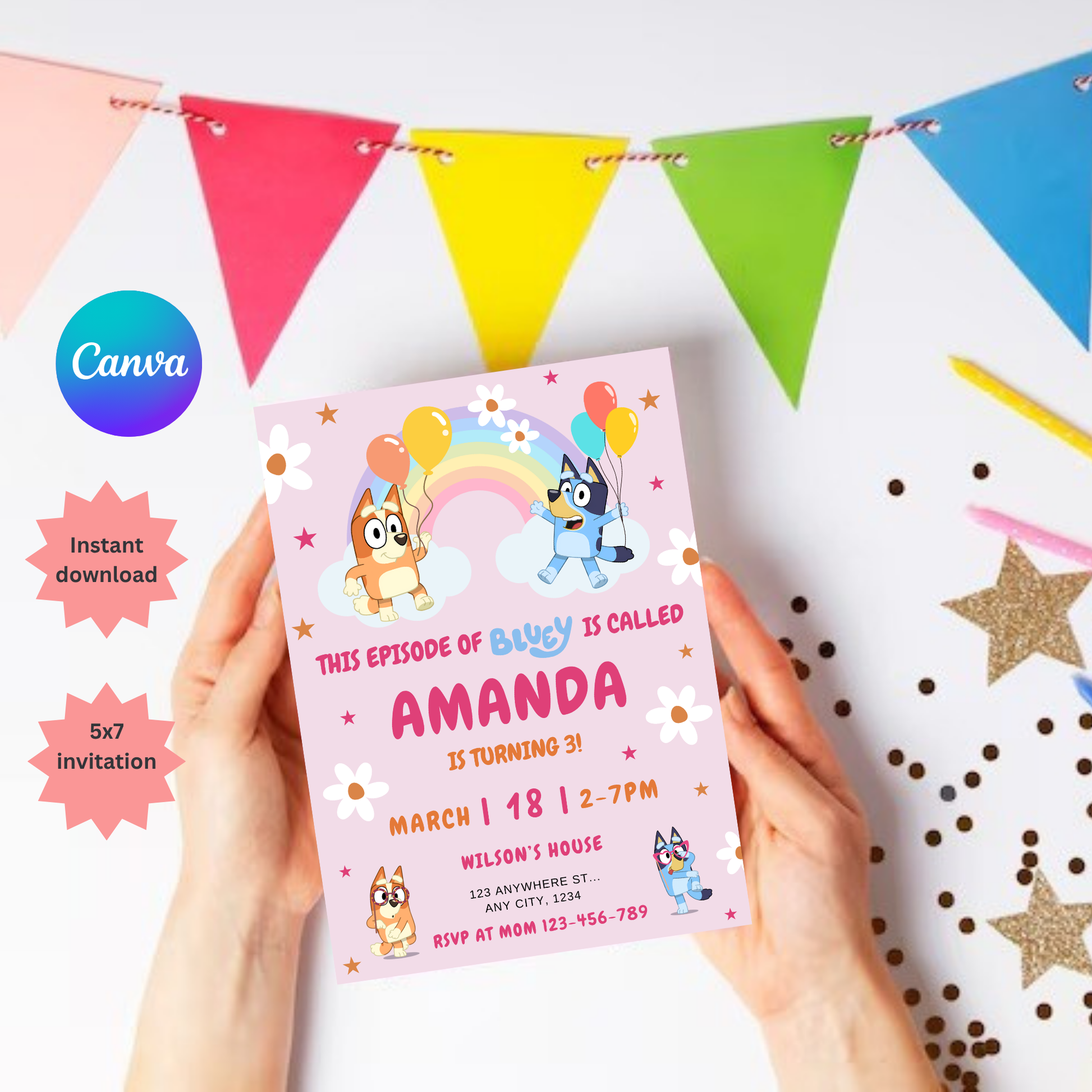 Bluey Birthday Invitation |Rainbow, Daisy Editable Digital Template | 5x7” | Party Invite