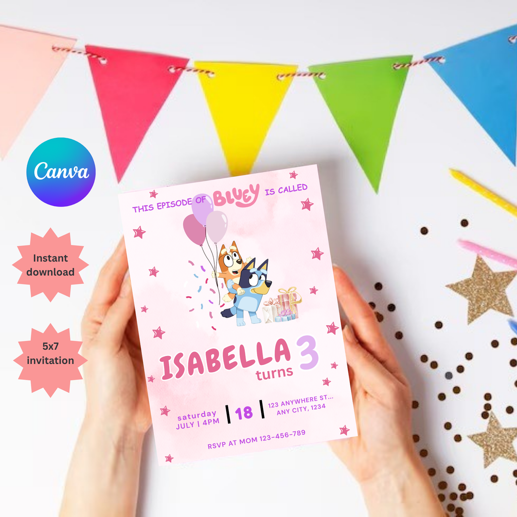 Pink Blue Dog Editable Birthday Invitation | Bluey Girl’s Invite |  5"x7" | Instant Download