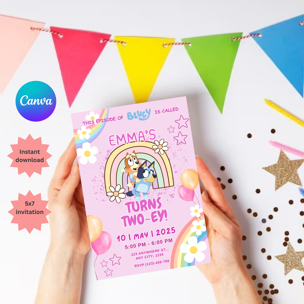 Pink Rainbow Bluey Birthday Invitation | Editable Digital Template | 5x7” | Party Invite | Instant Download