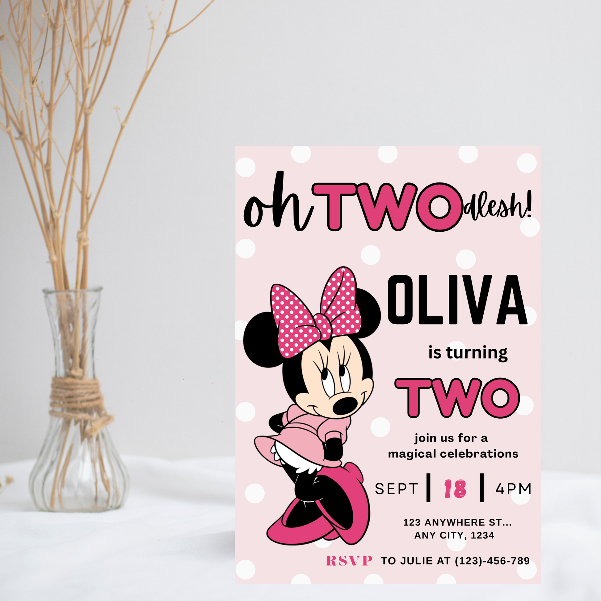 Editable Pink Minnie Mouse Birthday Invitation | Girls Birthday Invitation, Printable Invitation | Instant Download