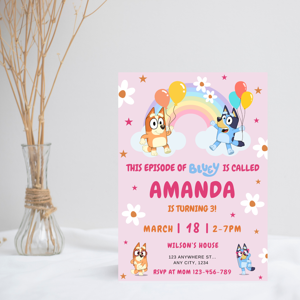 Bluey Birthday Invitation |Rainbow, Daisy Editable Digital Template | 5x7” | Party Invite