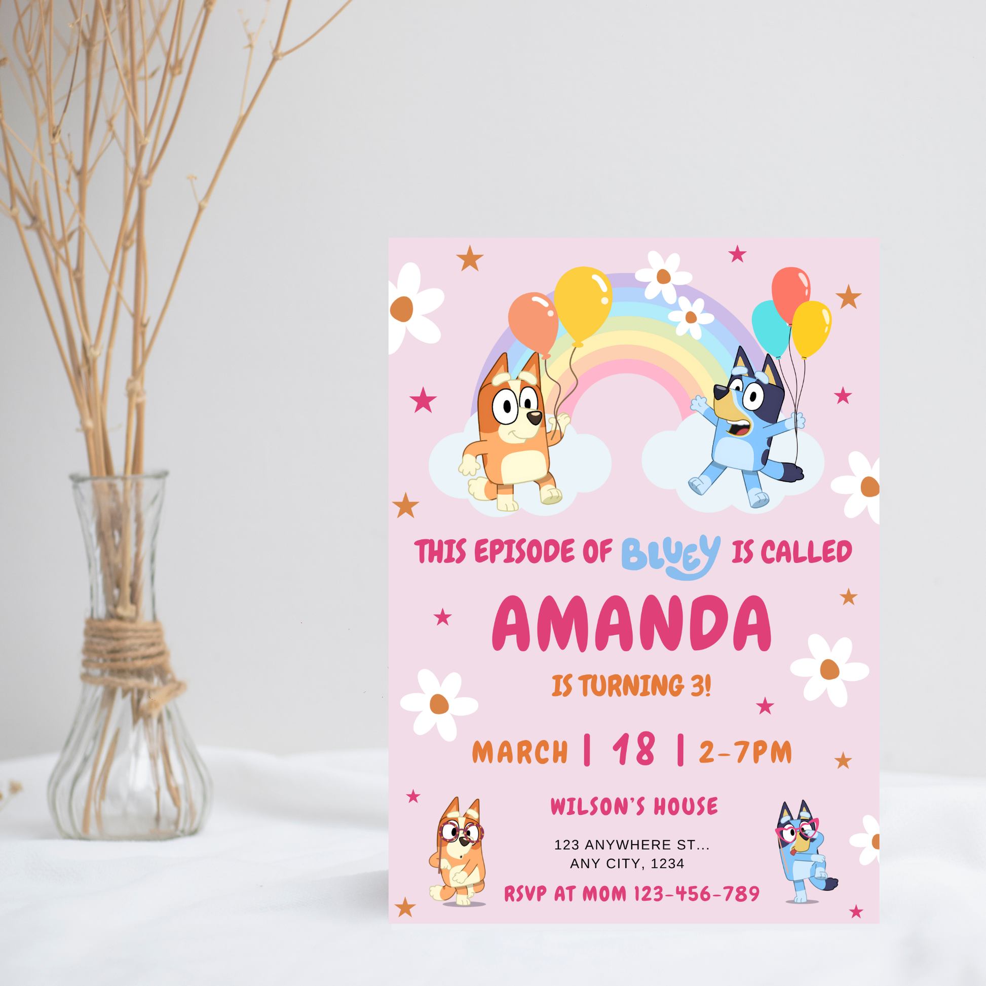 Bluey Birthday Invitation |Rainbow, Daisy Editable Digital Template | 5x7” | Party Invite