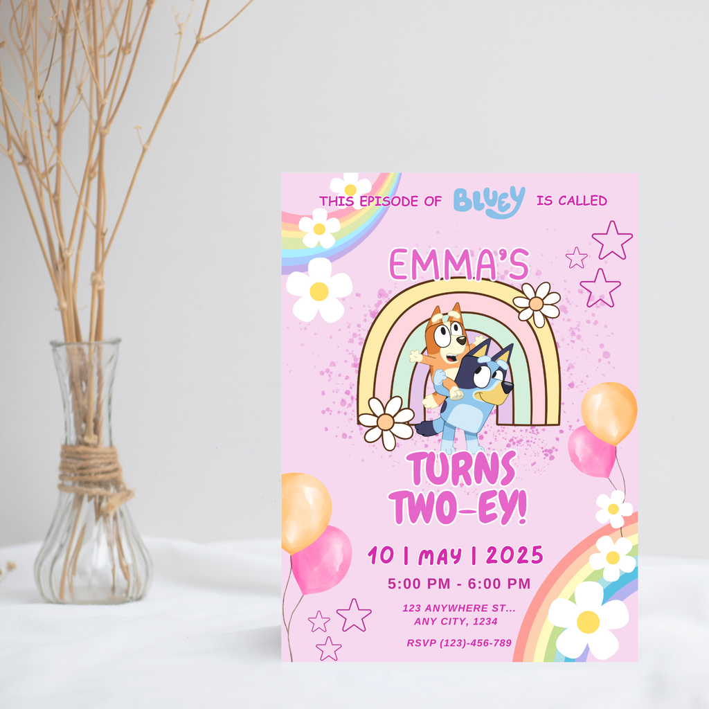 Pink Rainbow Bluey Birthday Invitation | Editable Digital Template | 5x7” | Party Invite | Instant Download
