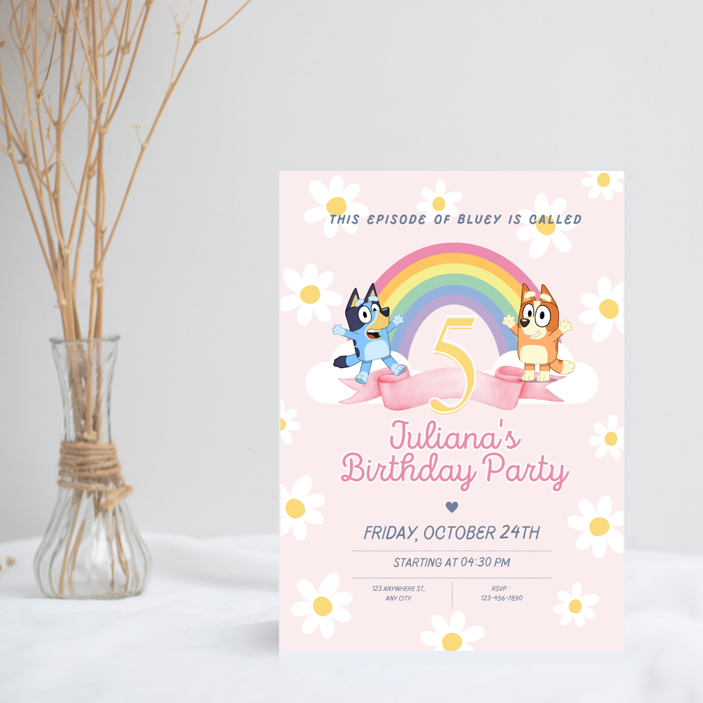 Pink Bluey Birthday Invitation | Digital Bday Party Invite Blue Dog Boys Girls Instant Download Template