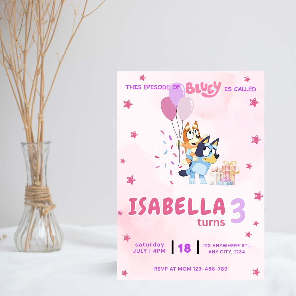 Pink Blue Dog Editable Birthday Invitation | Bluey Girl’s Invite |  5"x7" | Instant Download