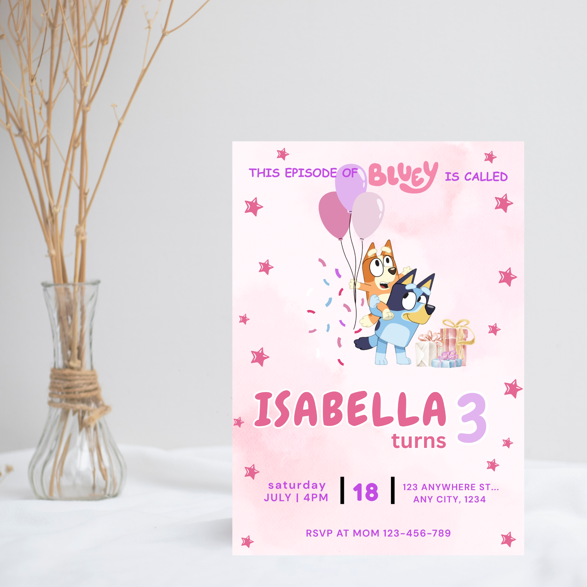 Pink Blue Dog Editable Birthday Invitation | Bluey Girl’s Invite |  5"x7" | Instant Download